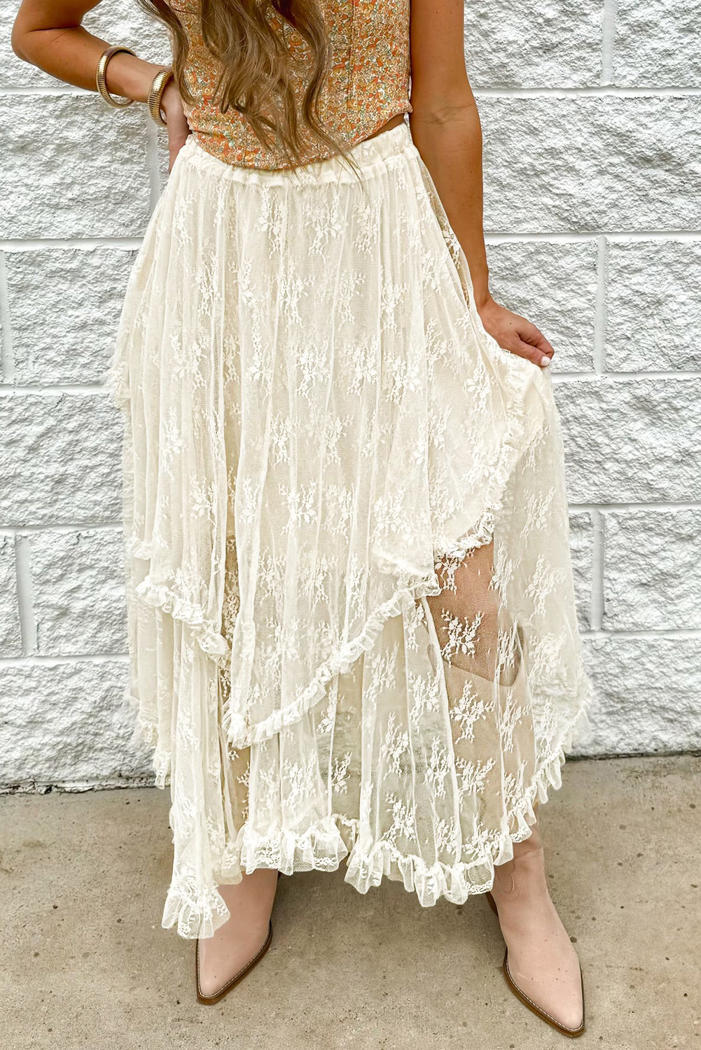 Apricot Lace Cascading Tiered High Waist Maxi Skirt