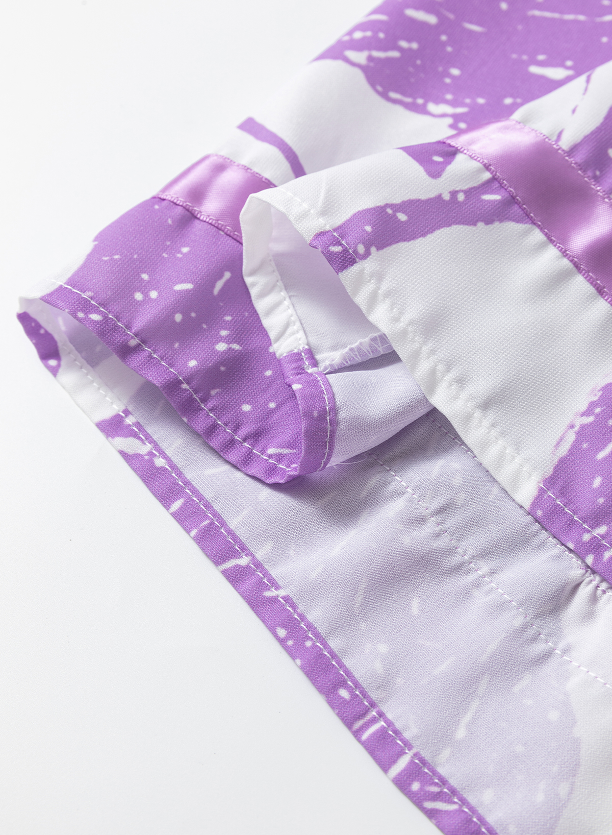 Purple Leafy Print 3/4 Sleeve Striped Trim Split Neck Blouse