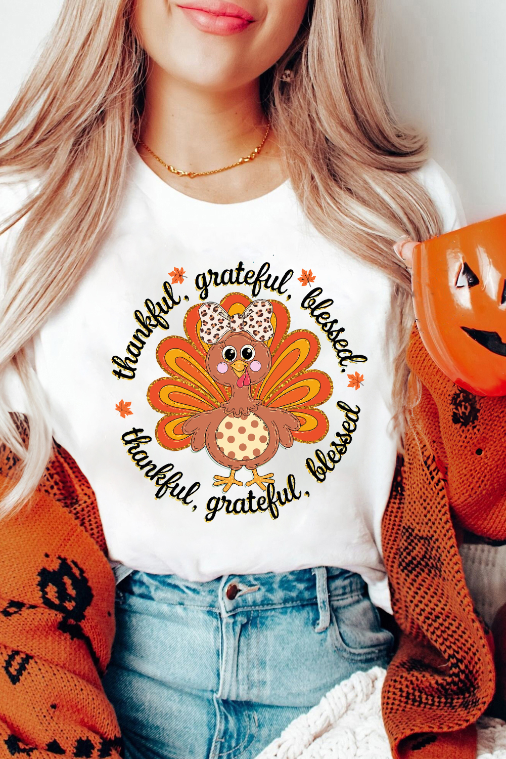 White Thanksgiving Cute Turkey Print Cotton Blend T Shirt
