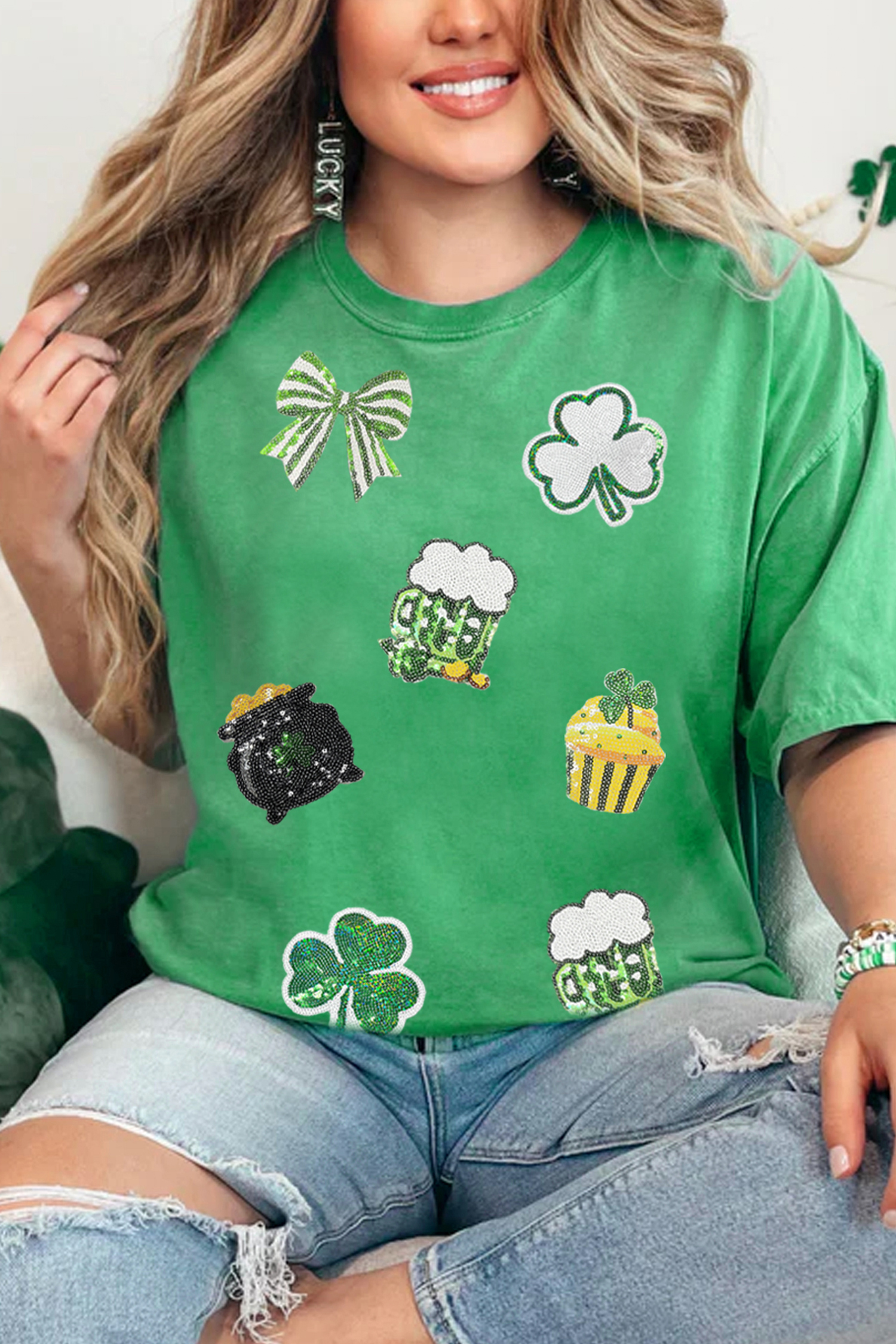 Bright Green Dainty Irish Fashion Sequin Graphic Tee