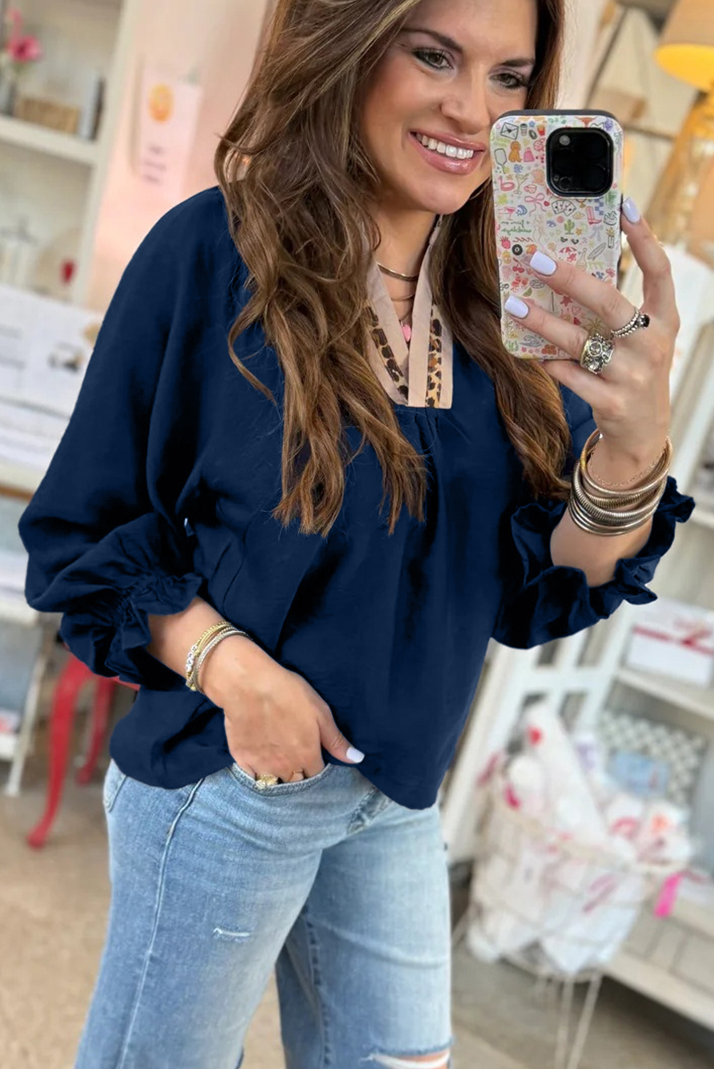 Dirty blue Leopard Trim V Neck Flounced Bracelet Sleeve Blouse