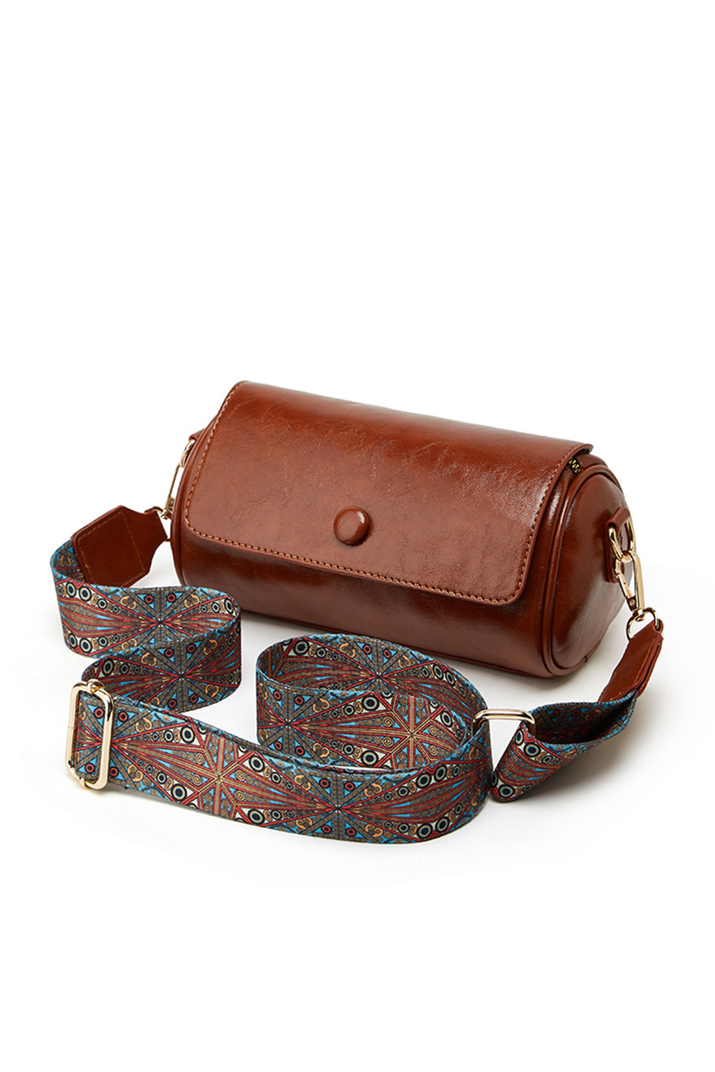 Chestnut PU Leather Flap Shoulder Bag with Retro Print Wide Strap