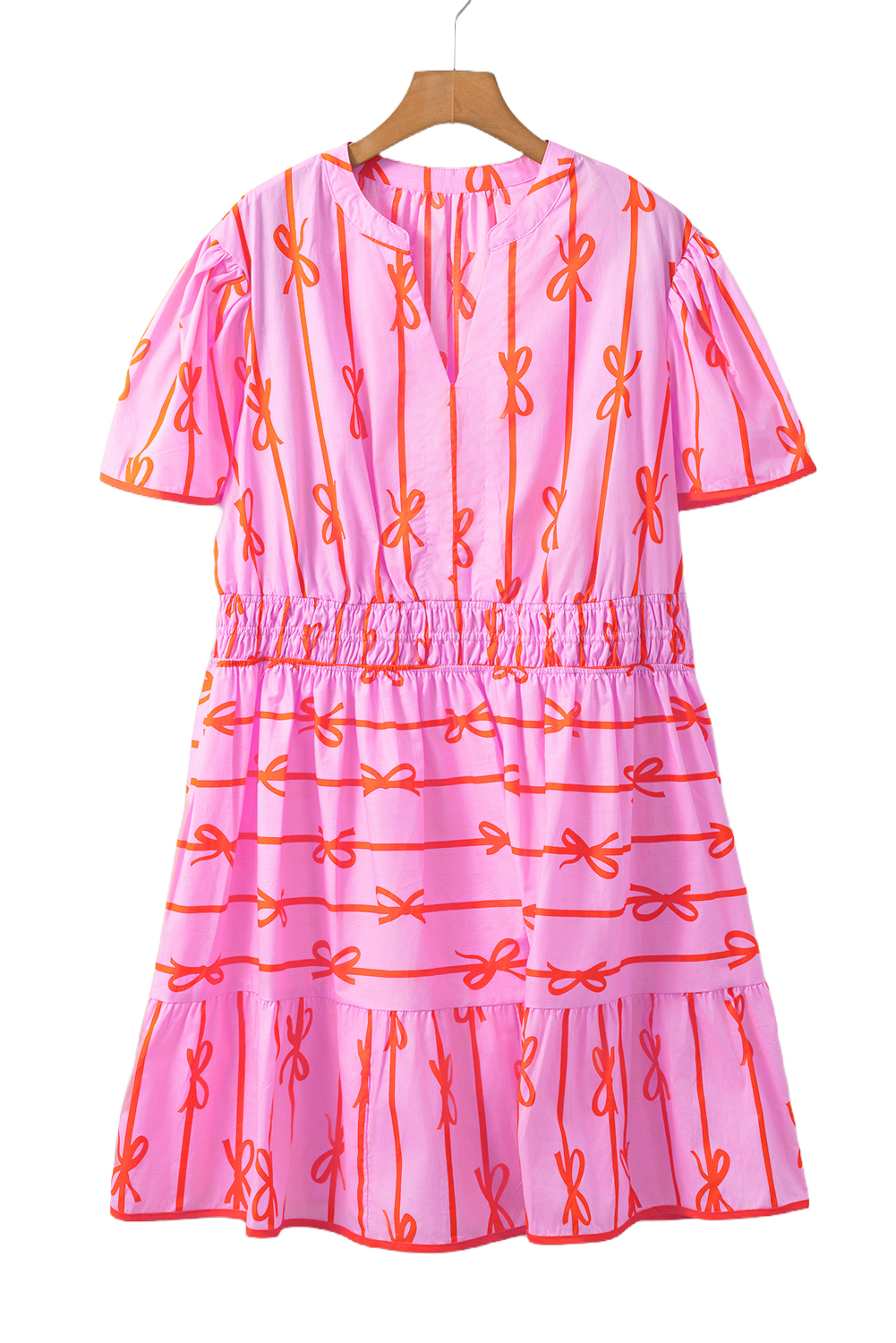 Pink Bowknot Striped Printed Bubble Sleeve Buttoned Belted Mini Dress