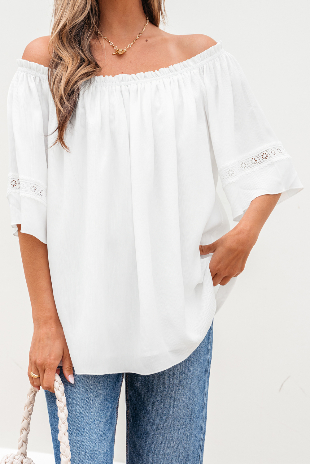 White Frilly Off Shoulder Lace Insert Sleeve Textured Blouse