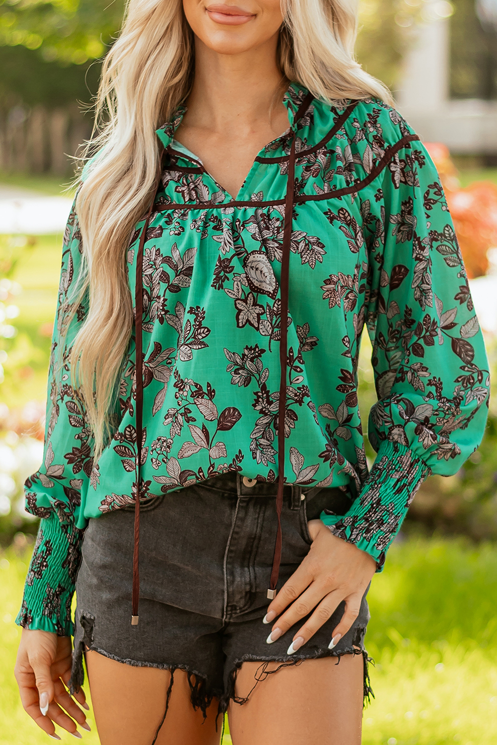 Green Leaves Print Contrast Trim V Neck Shirred Puff Sleeve Blouse