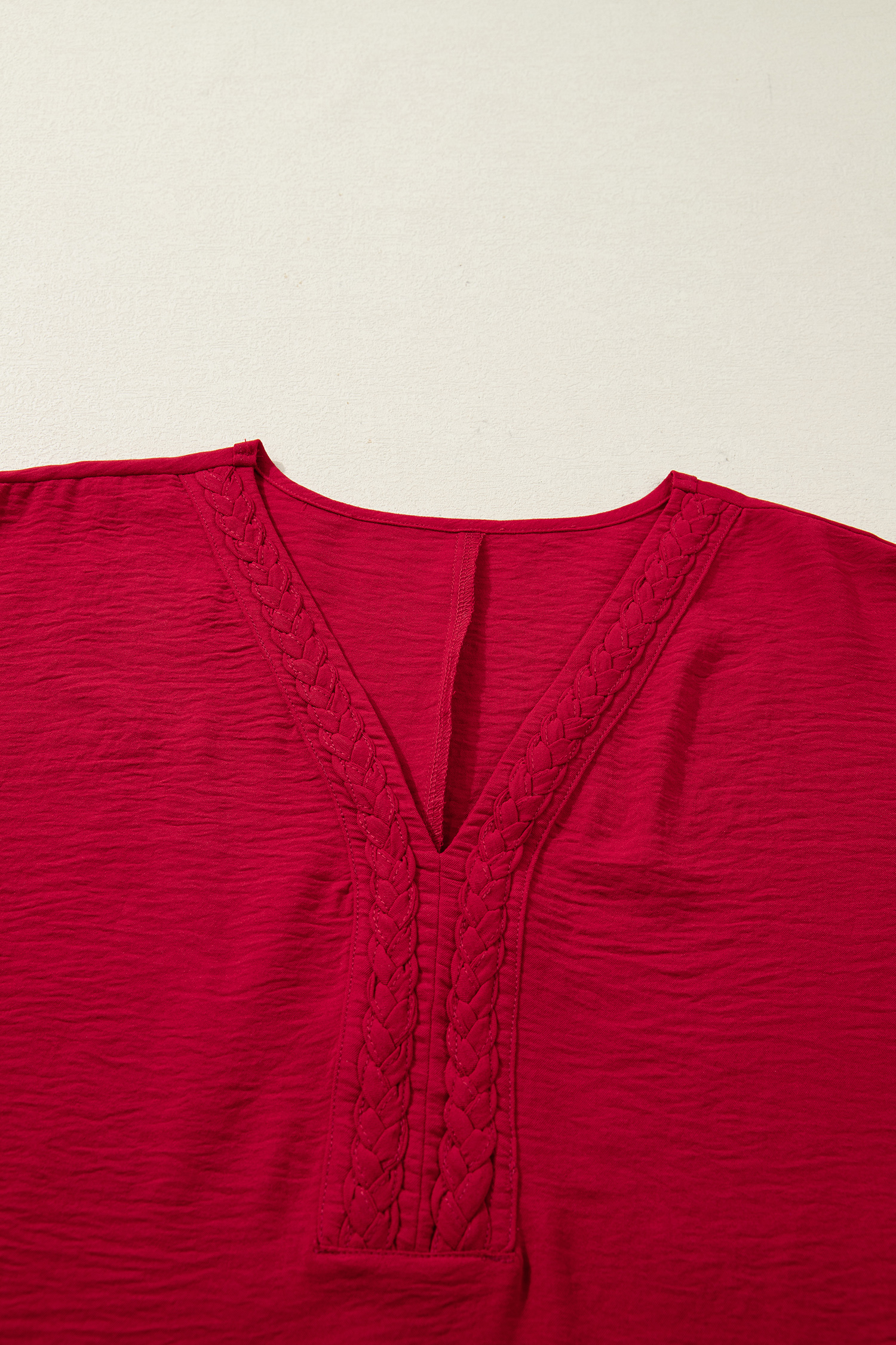 Racing Red Braided Trim V Neck Half Sleeve Blouse