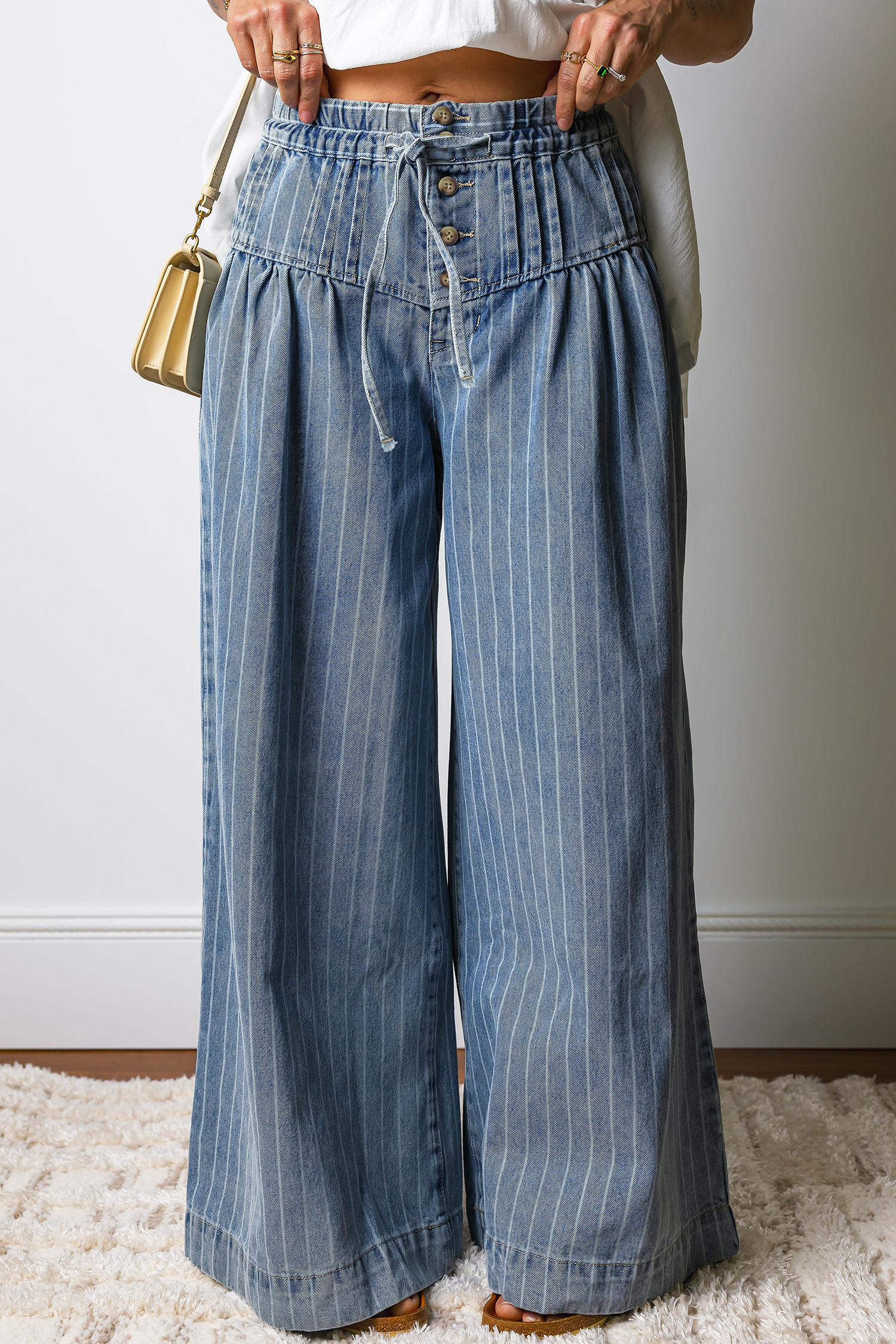 Sky Blue Stripe Button Pleated Drawstring Waist Casual Wide Leg Jeans