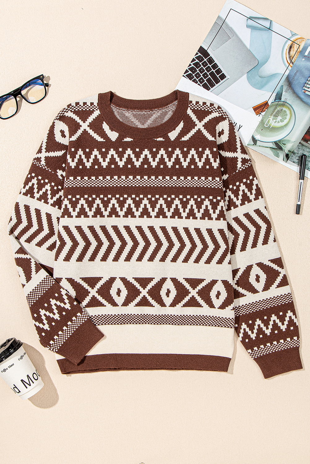 Brown Abstract Print Pullover Sweater