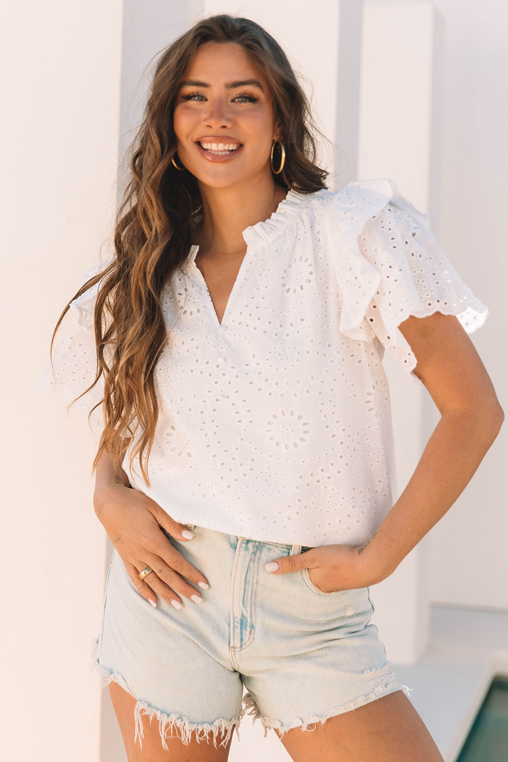 White Broderie Anglaise Ruffle Short Sleeve Blouse