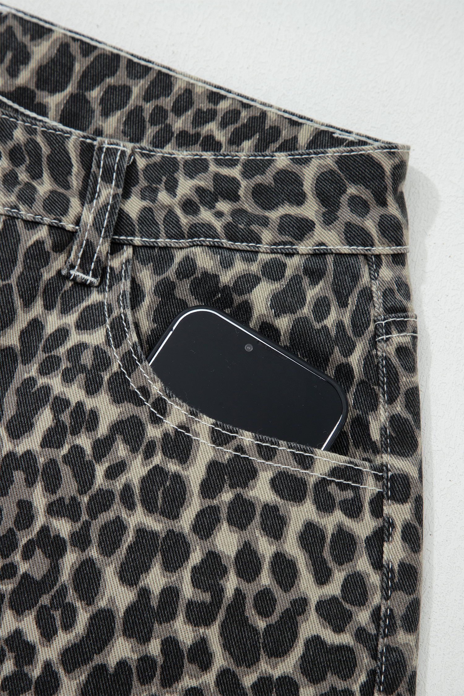 Black Leopard Print High Waist Barrel Jeans