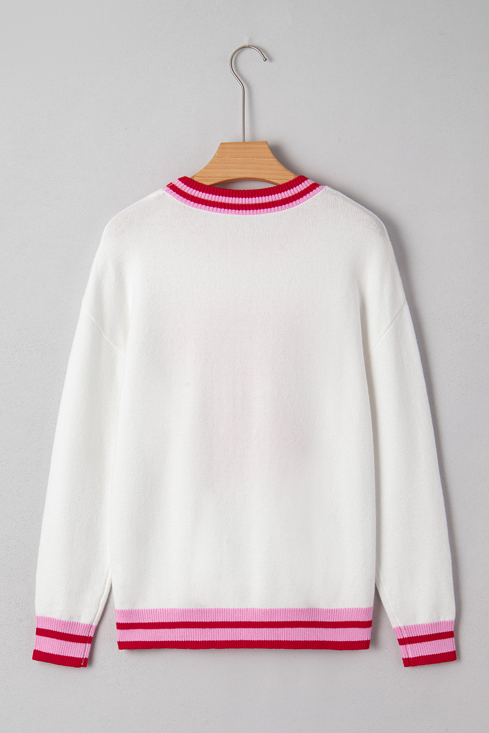 White Striped Trim Bow Graphic Round Neck Drop Shoulder Sweater