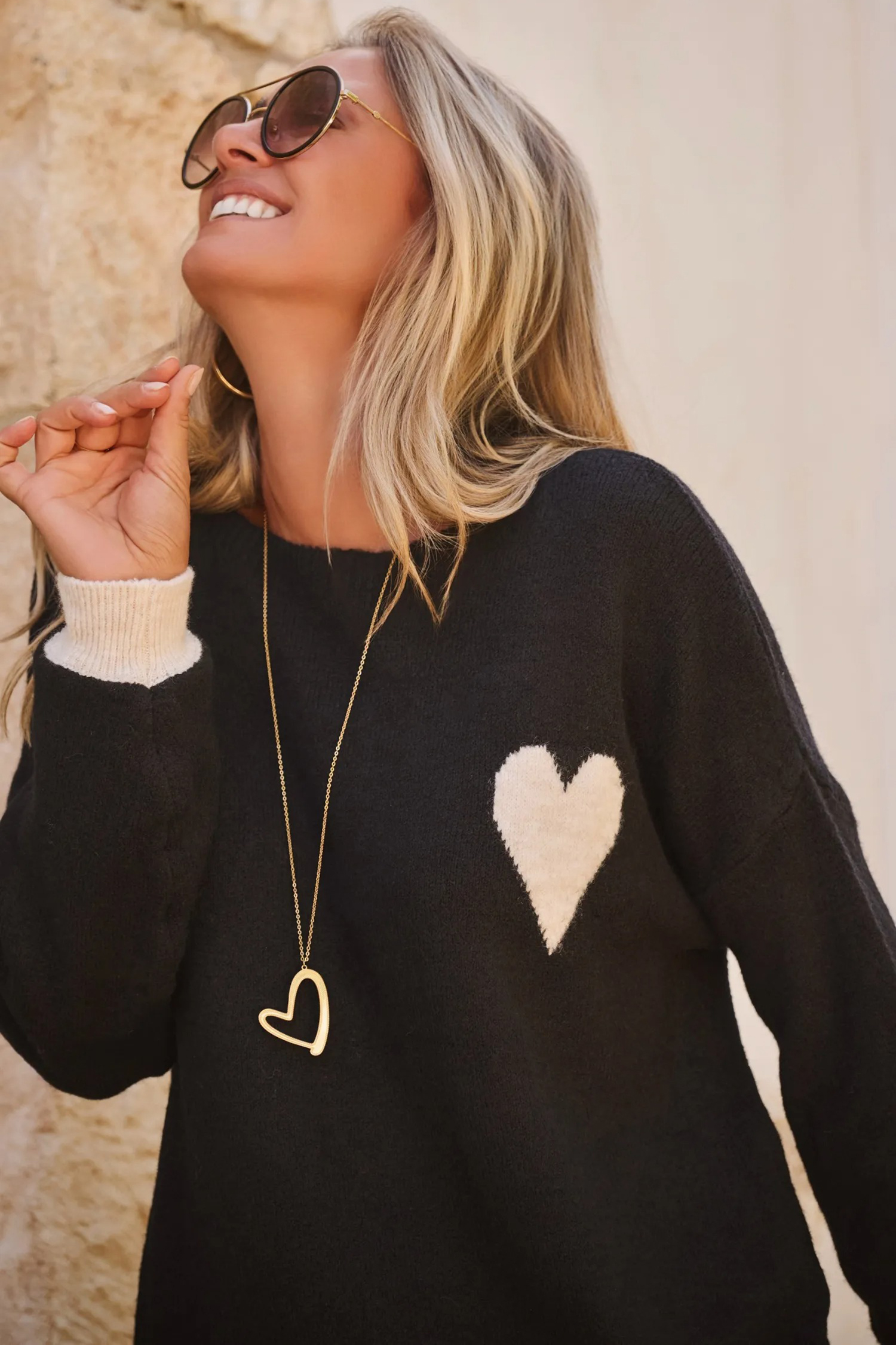 Black Heart Detail Contrast Cuffs Baggy Sweater