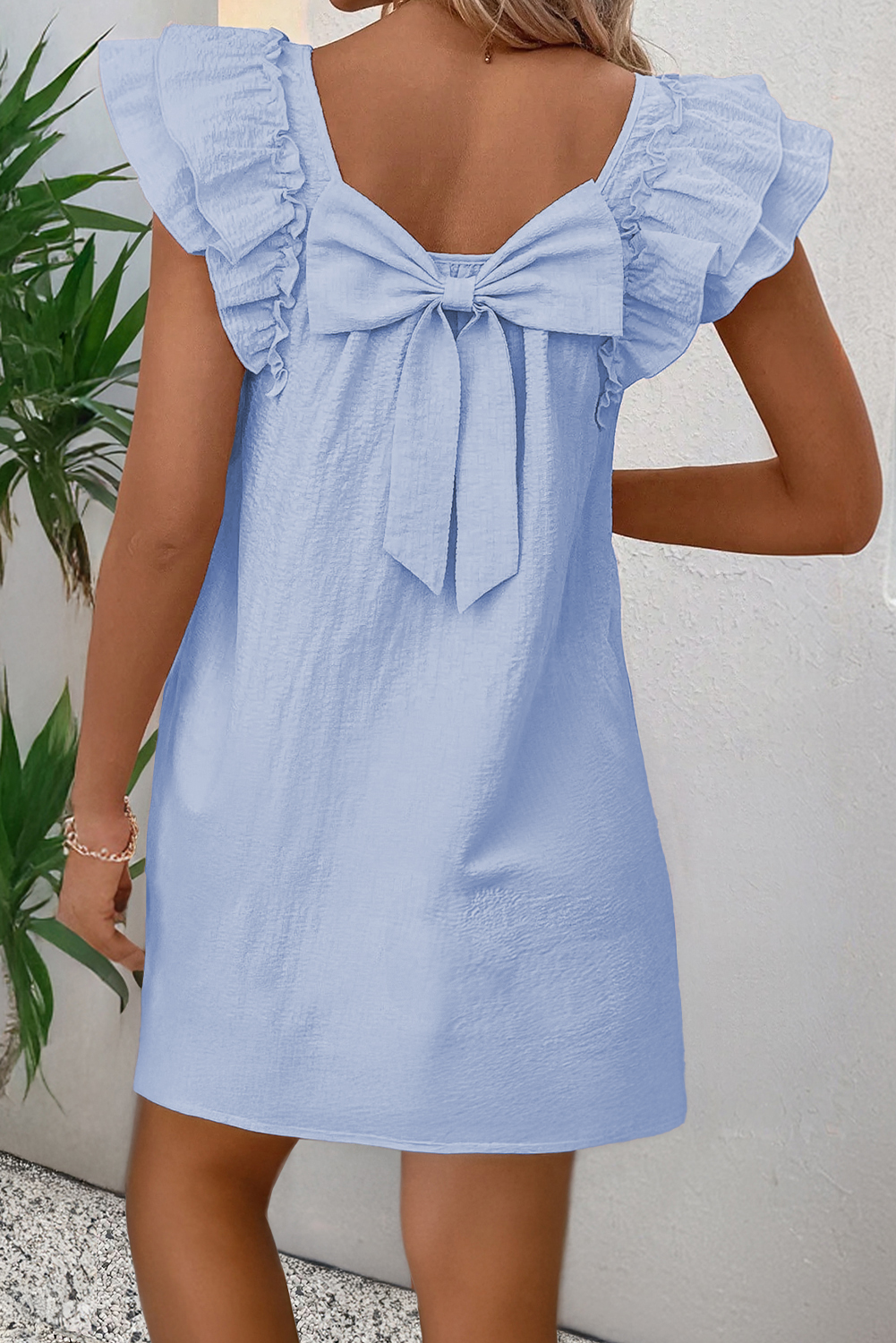 Beau Blue Textured Bow Knot Frilled Butterfly Sleeve Blouse