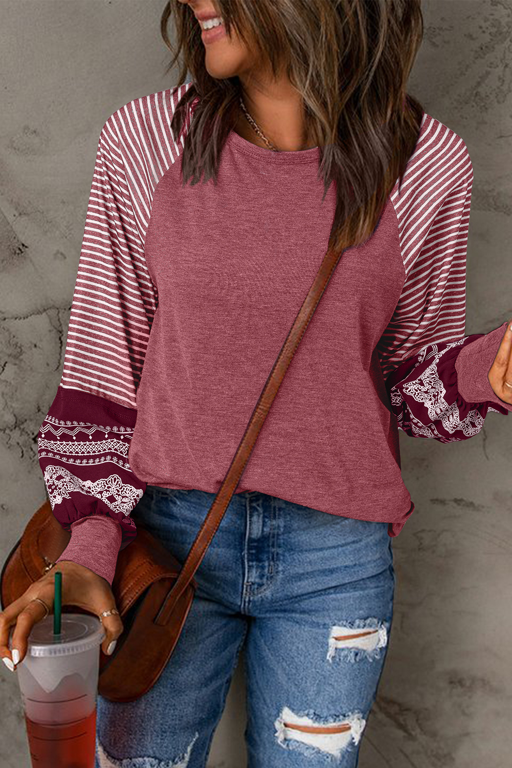 Tillandsia Purple Contrast Print Striped Raglan Long Sleeve Loose Top