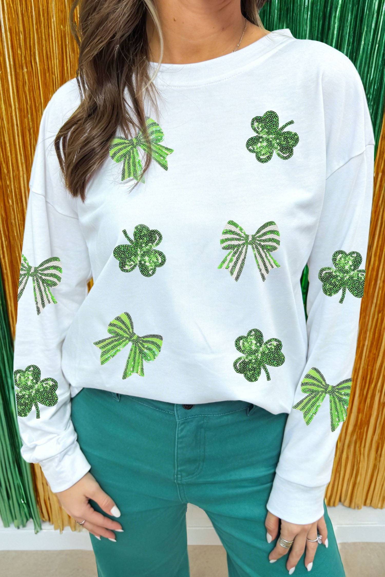 White LUCKY Clover Embroidered Long Sleeve Top