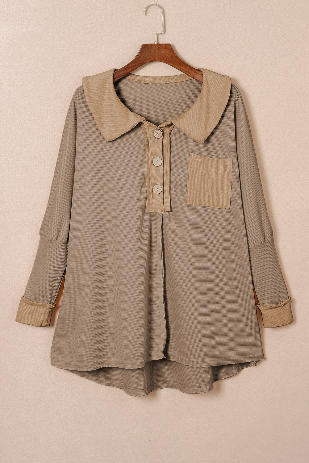 Brown Waffle Knit Buttoned Long Sleeve Top
