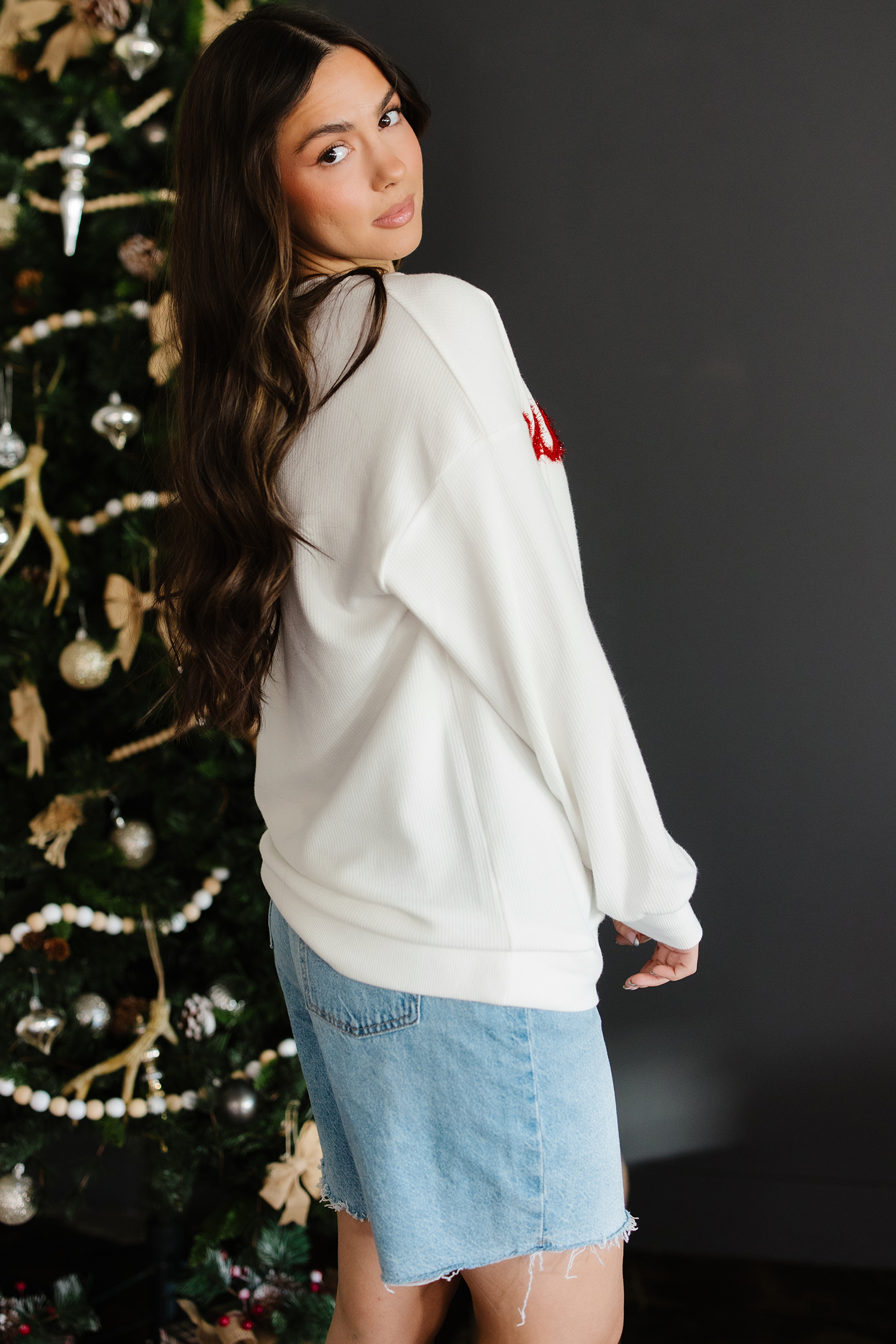 White Merry Tinsel Letter Embroidery Ribbed Drop Shoulder Sweatshirt