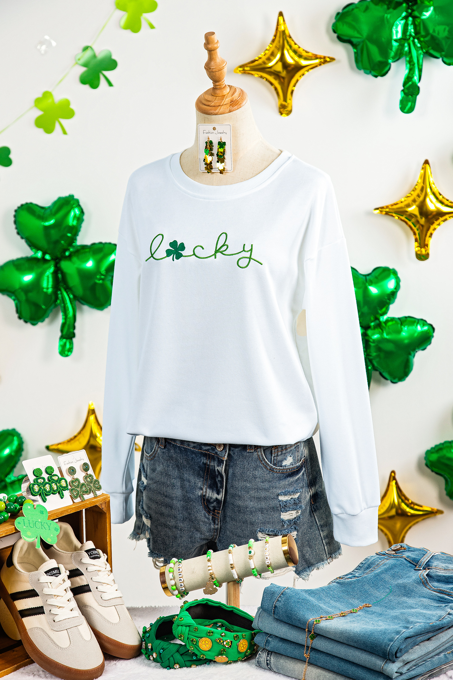 White LUCKY Clover Embroidered Long Sleeve Top