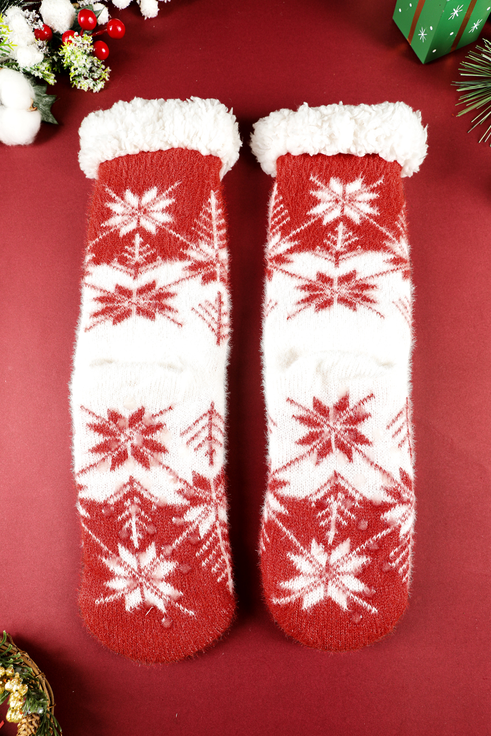 Fiery Red Christmas Snowflake Cozy Sherpa Lined Cabin Socks