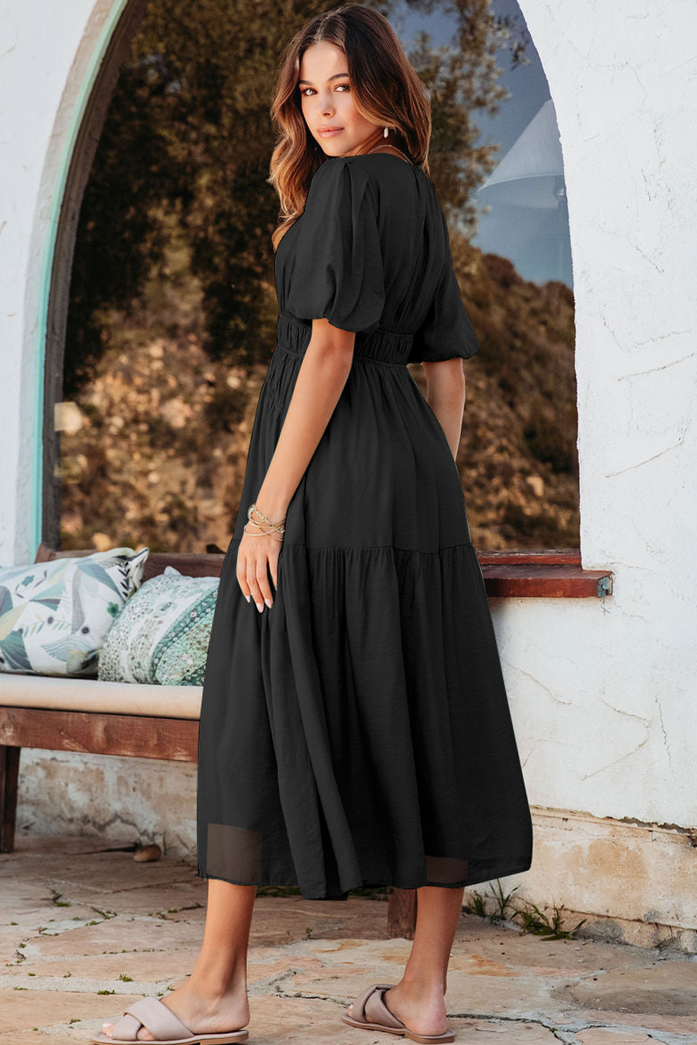 Black Puff Sleeve Pleated High Waist Flowy Midi Dress