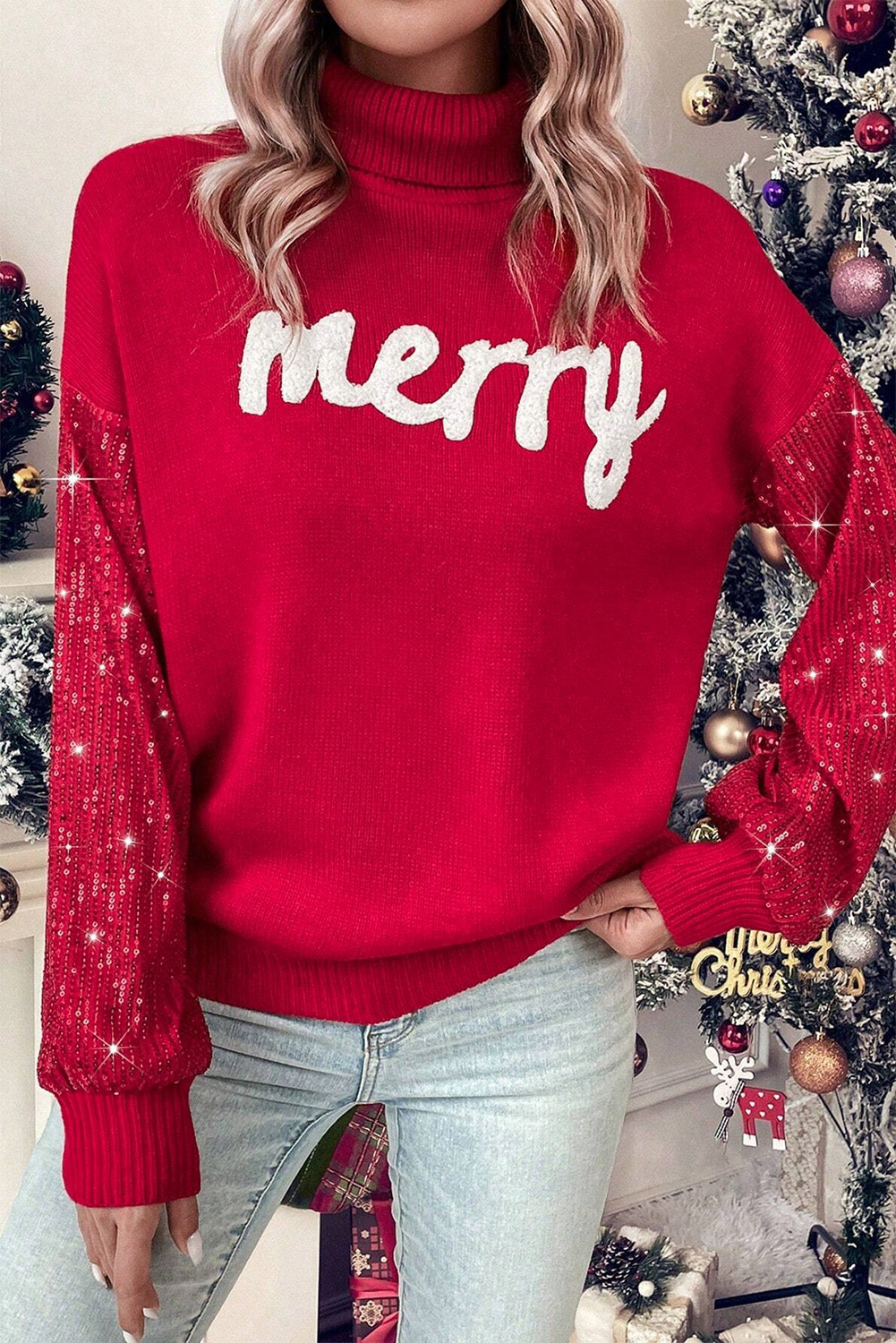 Fiery Red Merry Letter Embroidered High Neck Sweater