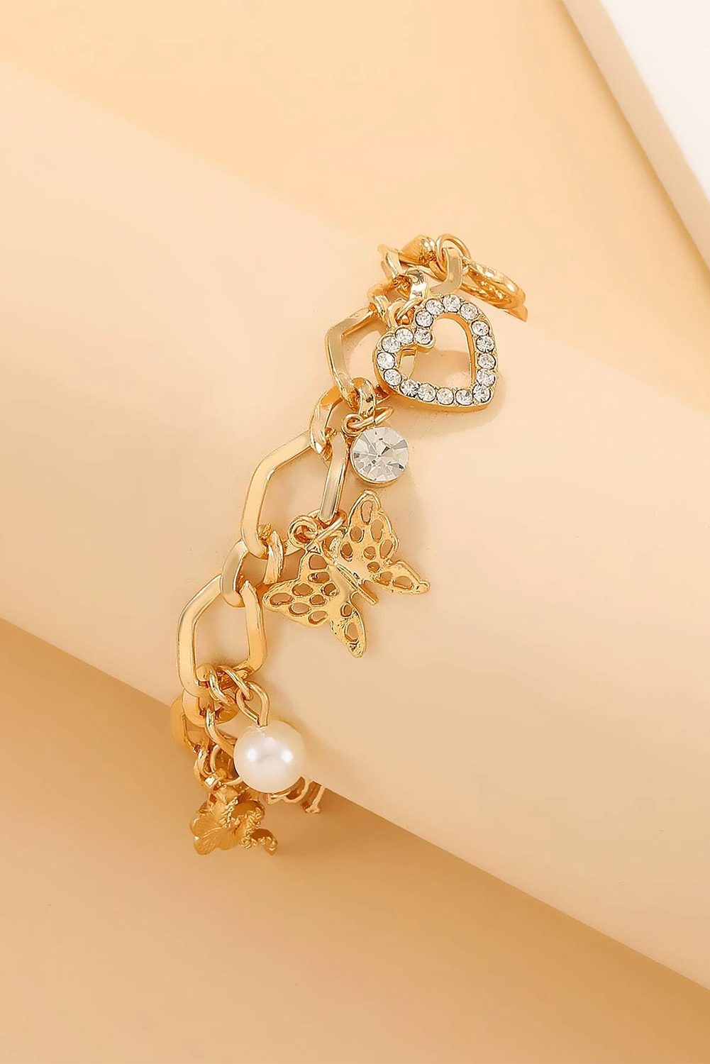 Gold Heart Butterfly Pearl Charm Plated Alloy Bracelet