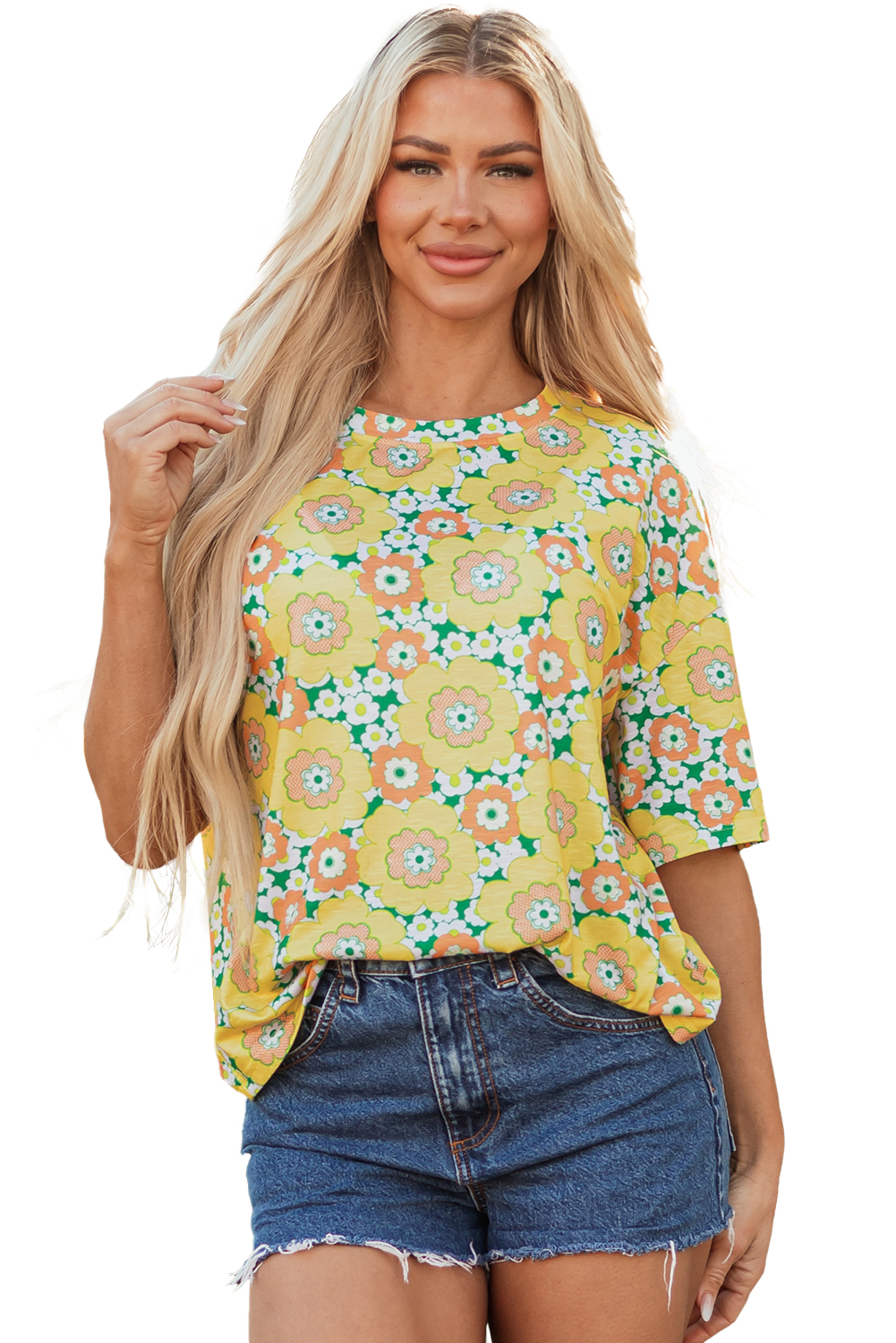 Yellow Summer Flower Printed Drop Shoulder Loose T Shirt