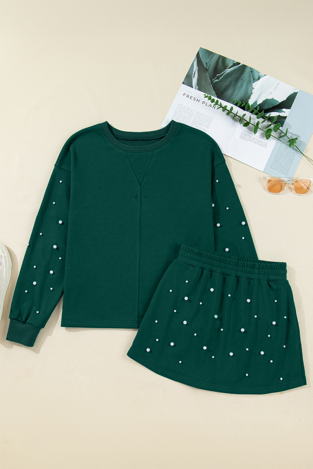 Dark Green Pearl Embellished Drop Shoulder Pullover Elastic Waist Mini Skirt Set