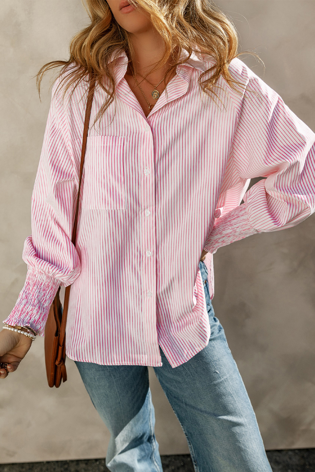 Bonbon Shirred Cuffs Collared Raglan Sleeve Relaxed Shirt