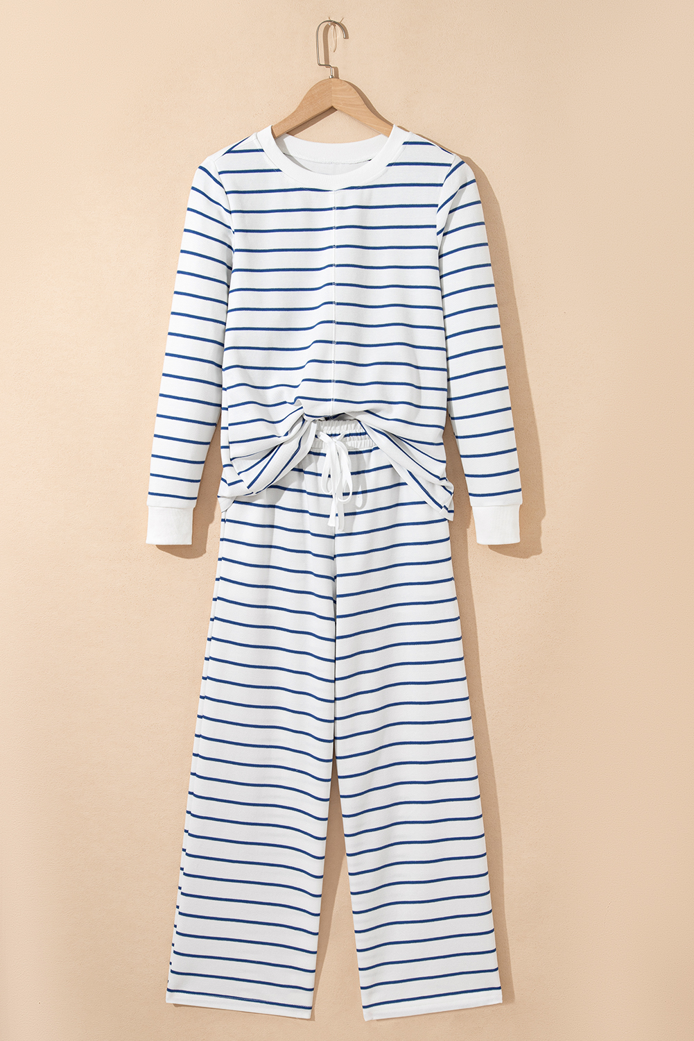 Sail Blue Striped Long Sleeve Top Drawstring Wide Leg Pants 2pcs Outfit