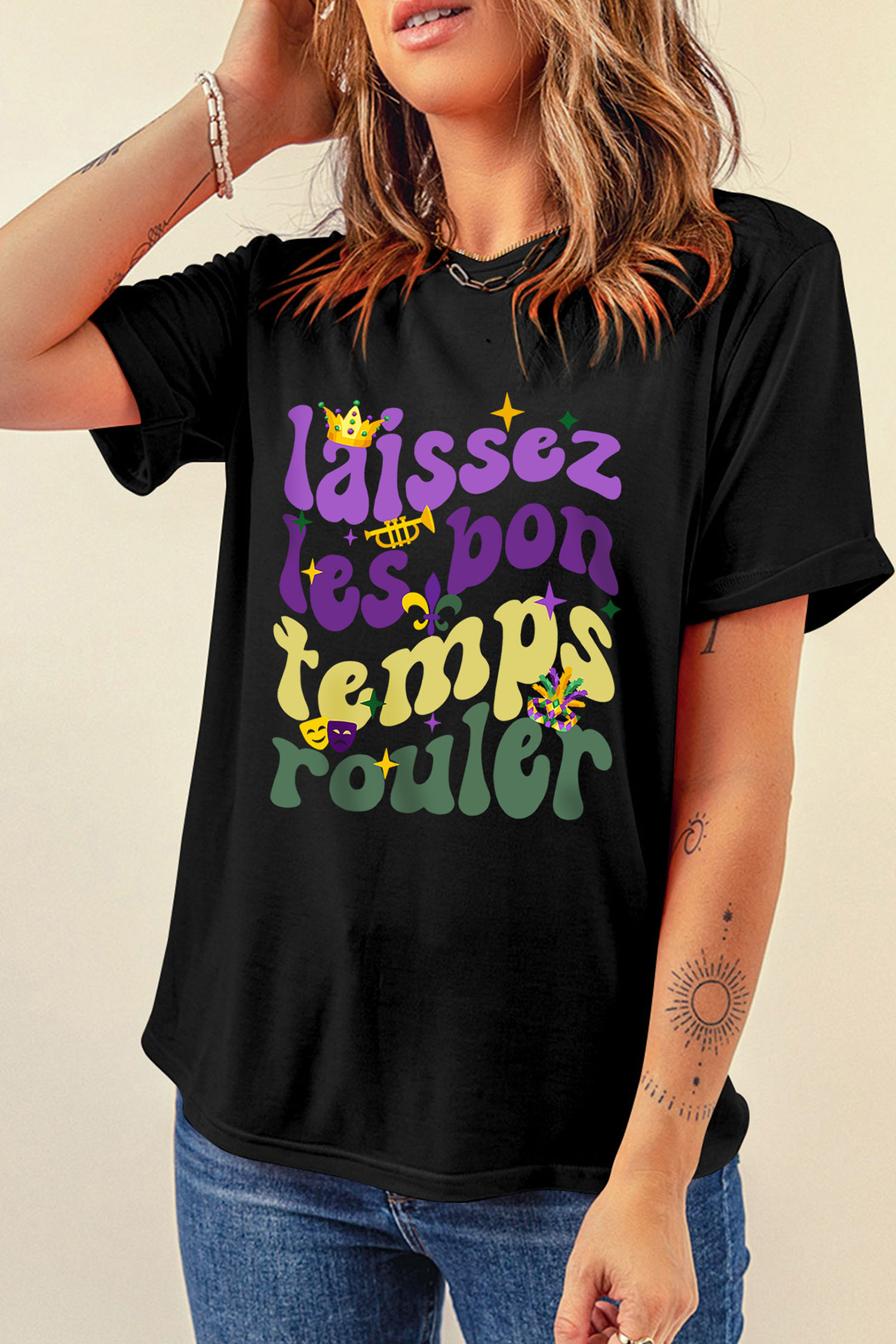 Black Laissez Lesbon Temps Rouler Graphic Mardi Gras Tee
