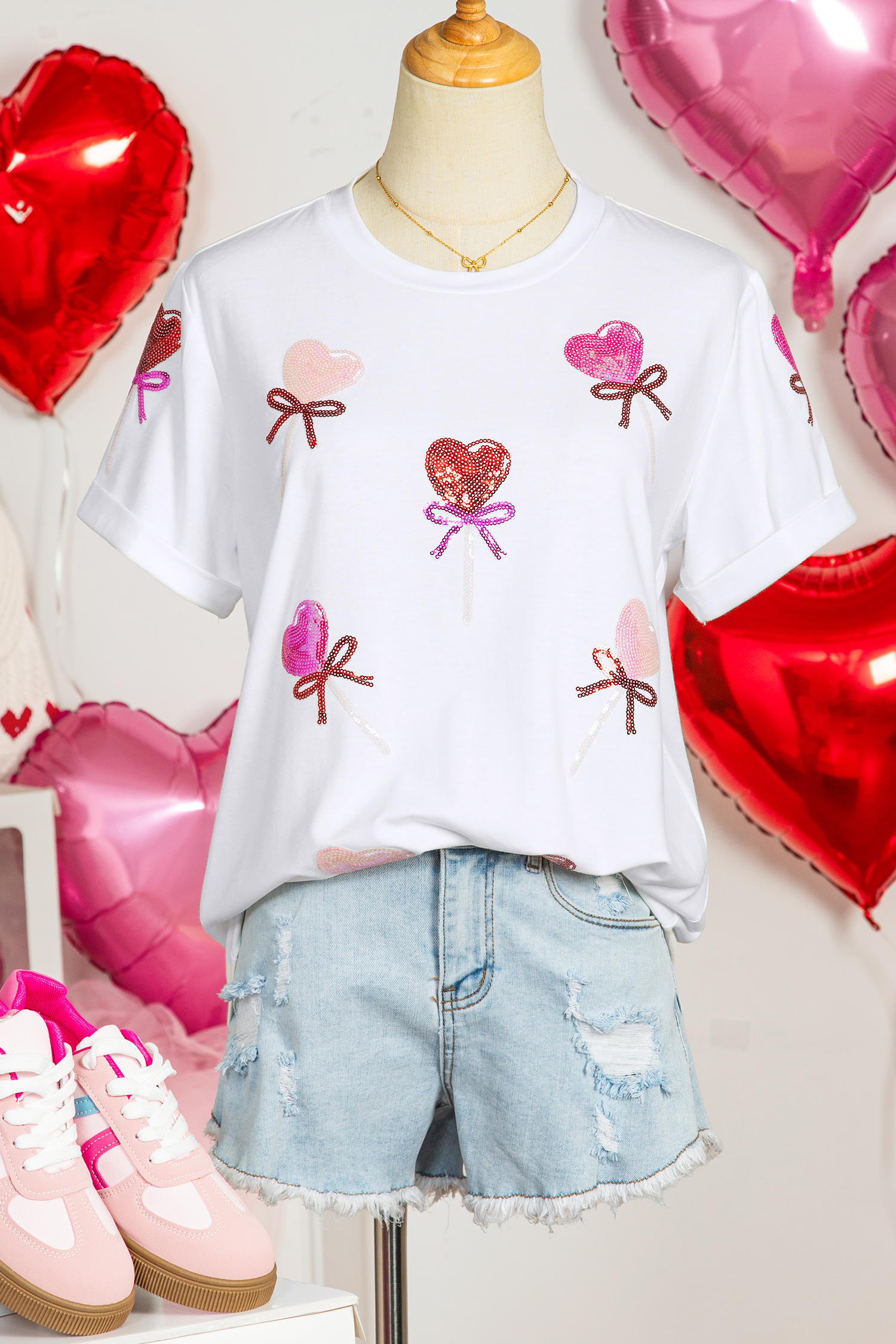 White Sequin Bow Heart Shape Lolly Valentines Day Graphic Tee