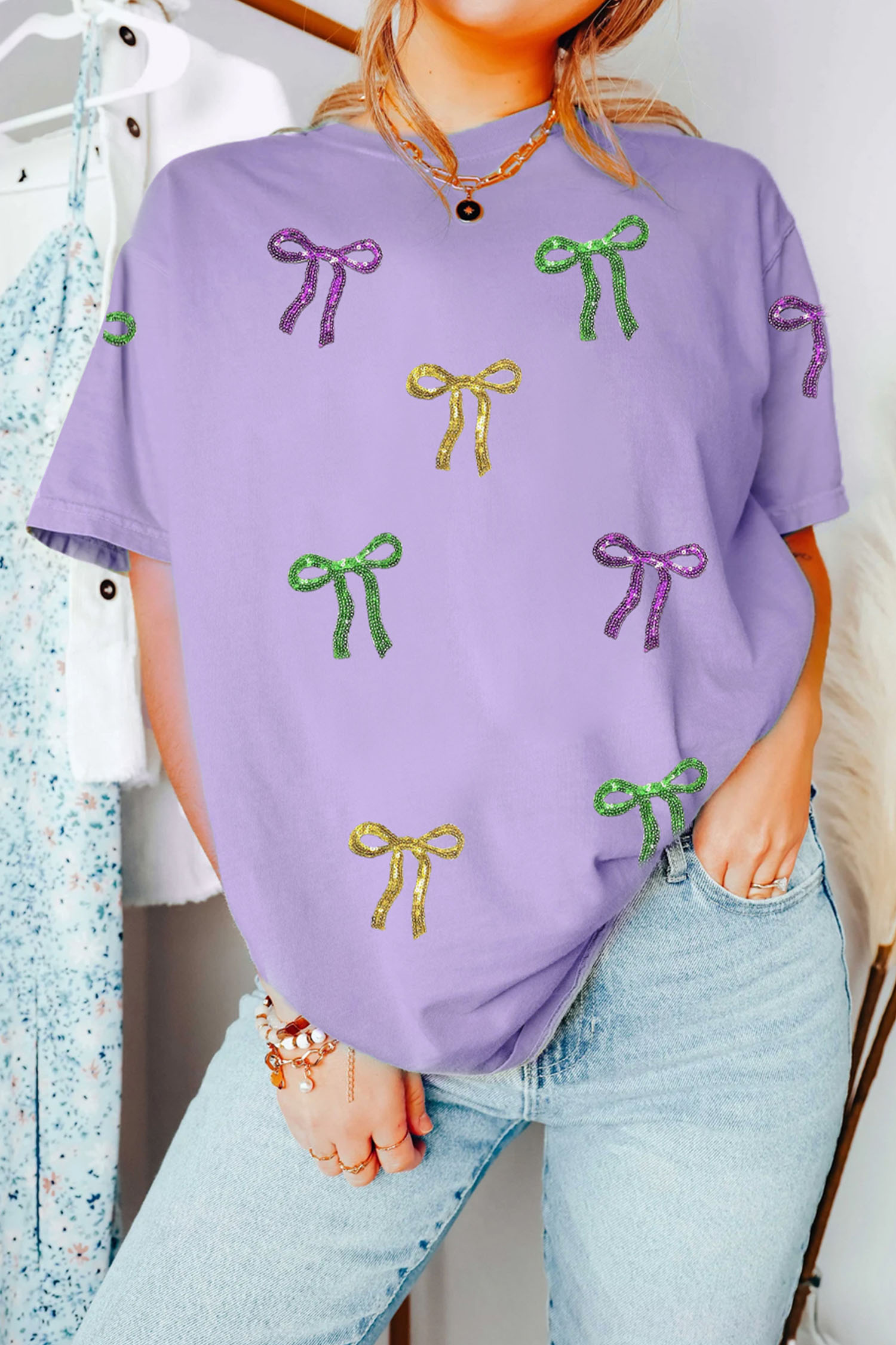 Wisteria Mardi Gras Sequin Bow Crew Neck T Shirt