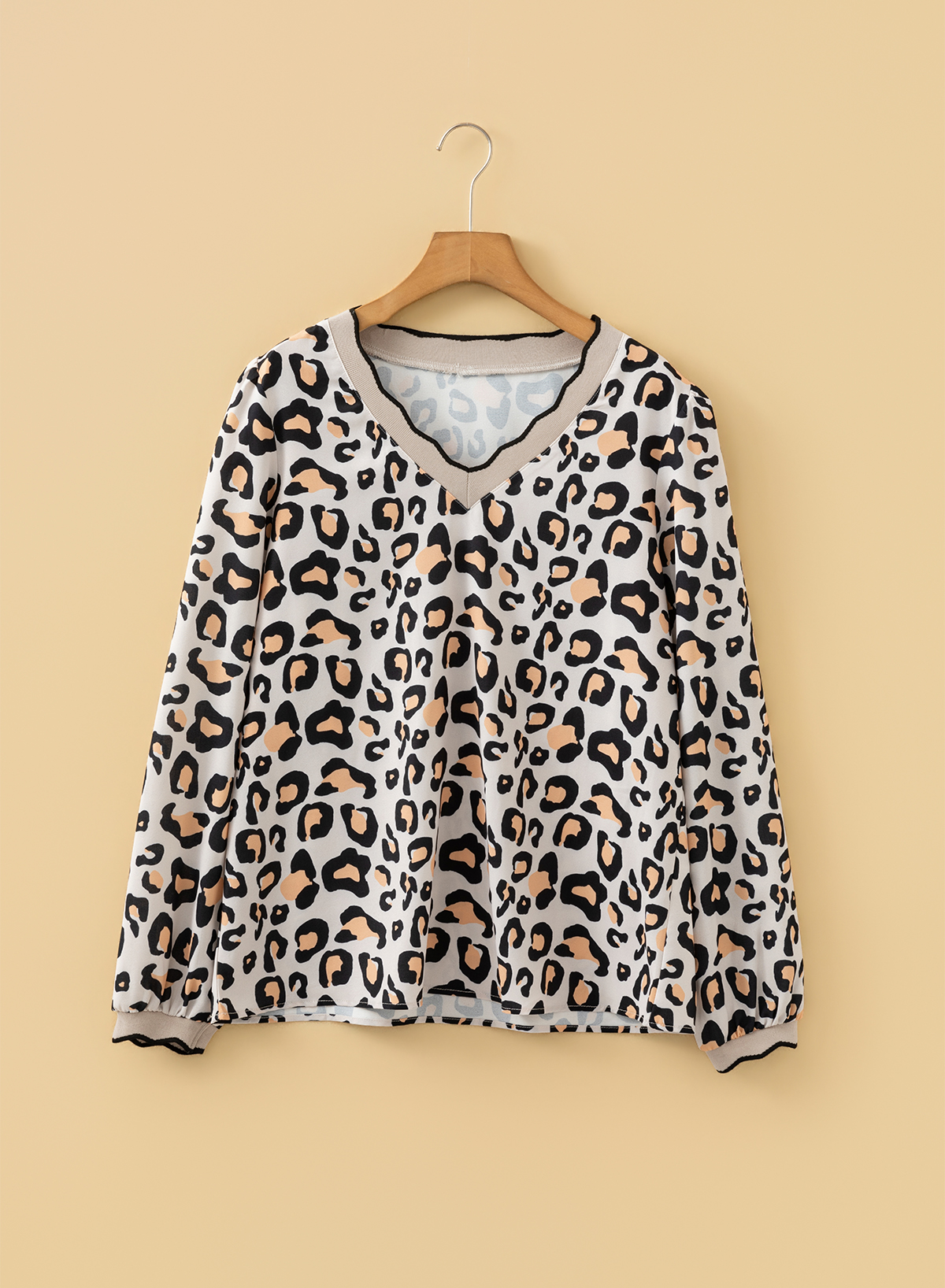 Khaki Leopard Print Contrast Scalloped V Neck Long Sleeve Blouse