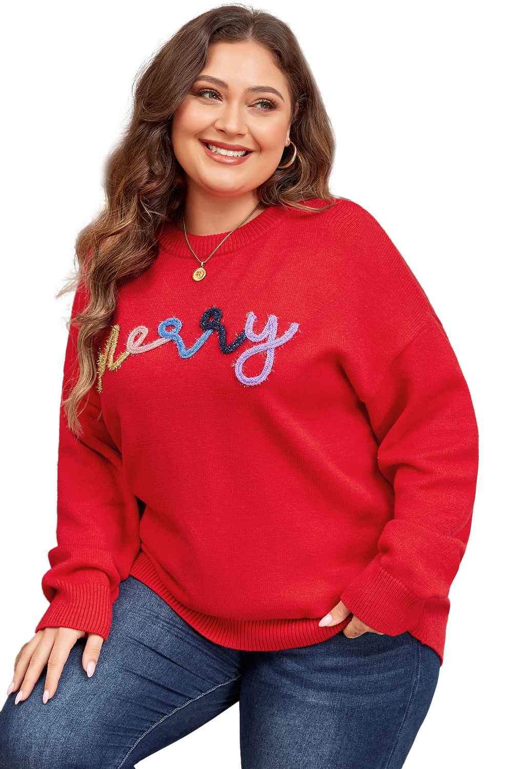 Fiery Red Tinsel Merry Letter Drop Shoulder Baggy Sweater