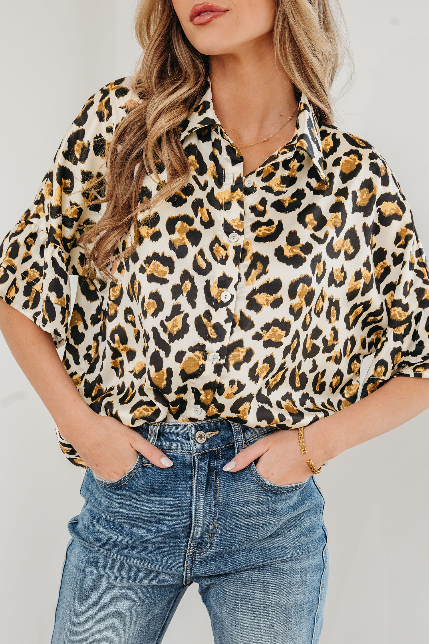Khaki Leopard Print Ruffle Trim 3/4 Sleeve Loose Shirt