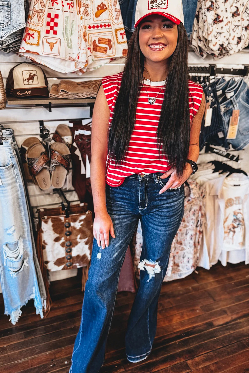 Brown Stripe Ribbed Round Neck Trim Loose Tank Top