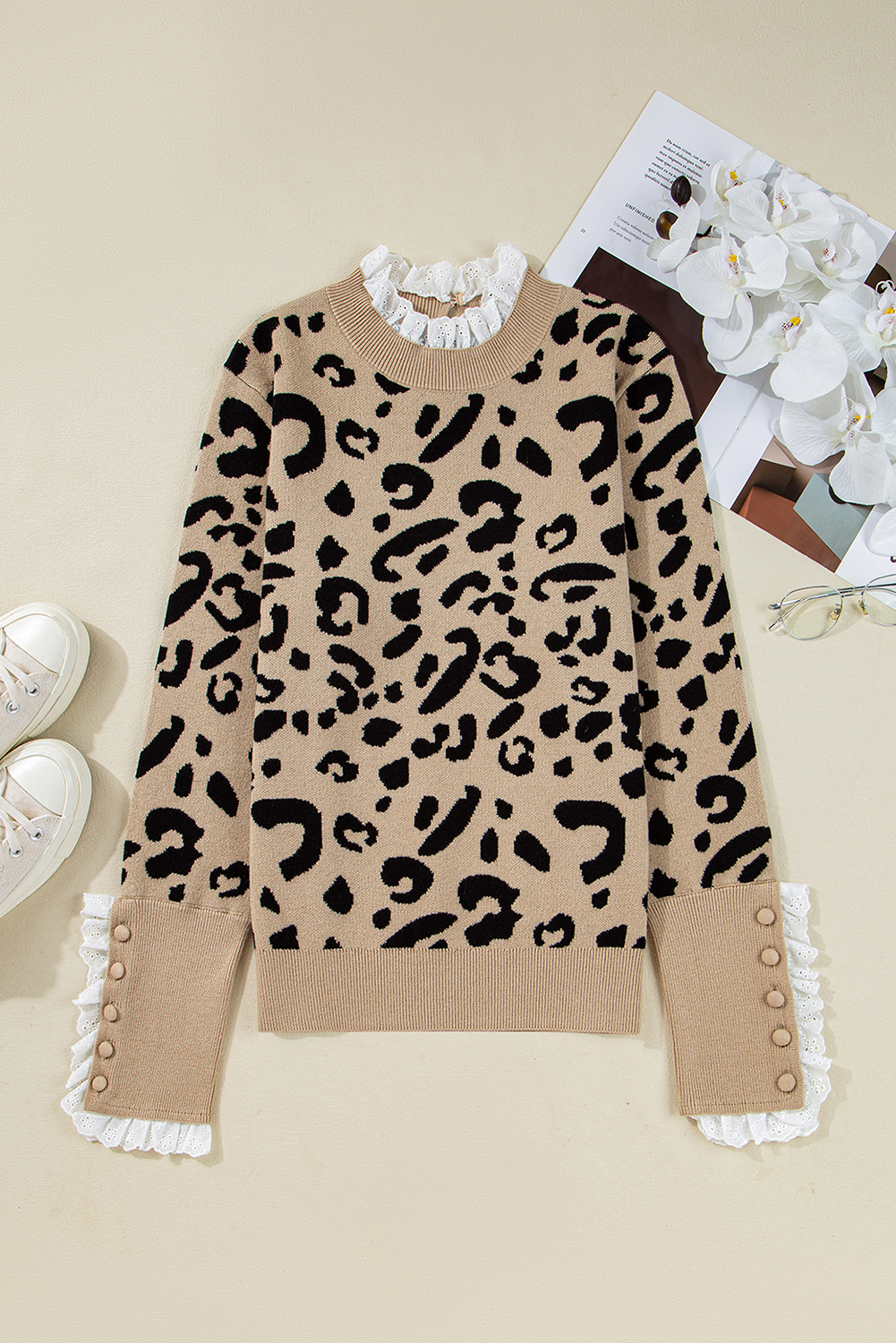 Dearlovers Brown Leopard Pattern Lace Ribbed Detail Button Cuffed Sweater