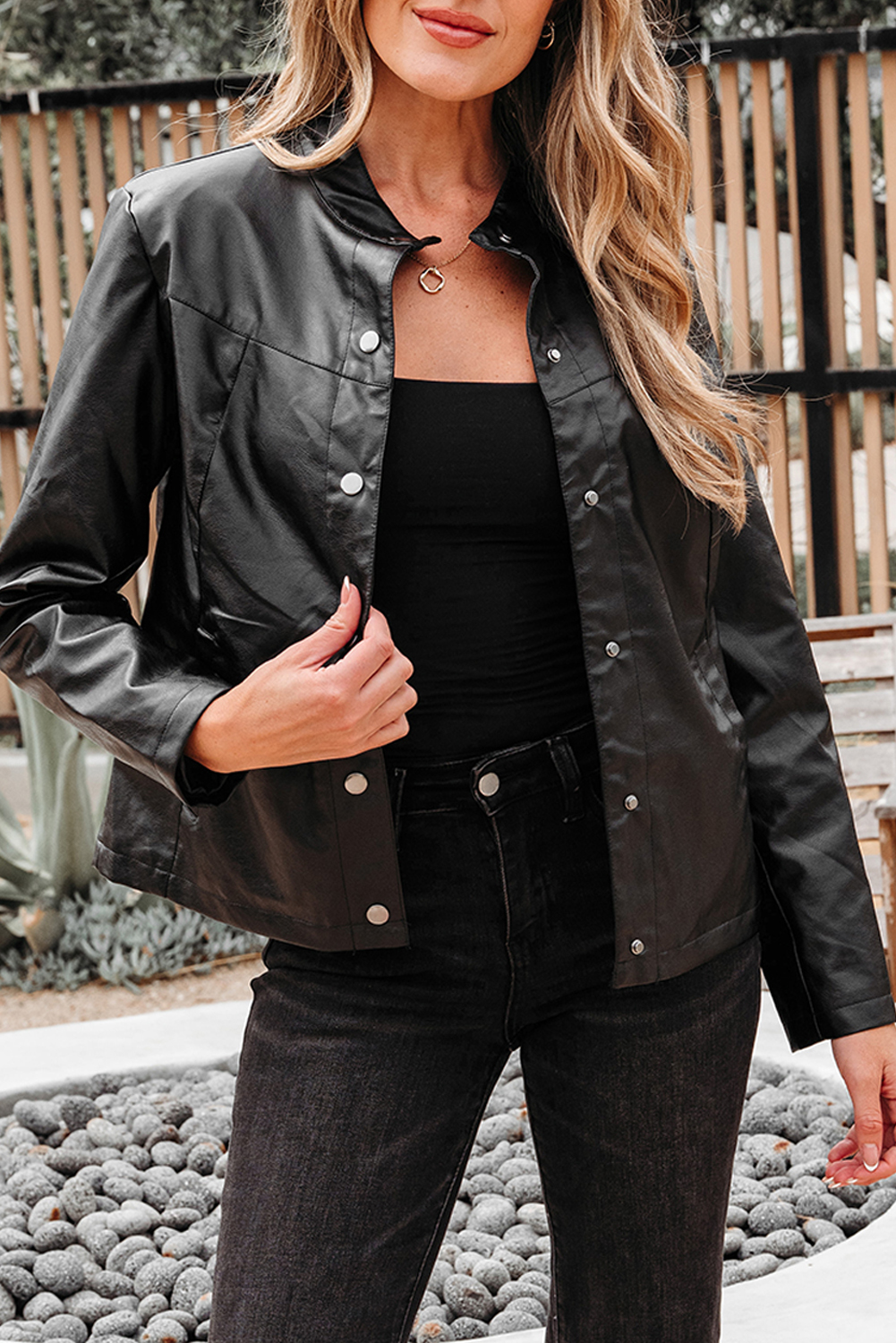 Black Faux Leather Buttoned Front Boxy Jacket