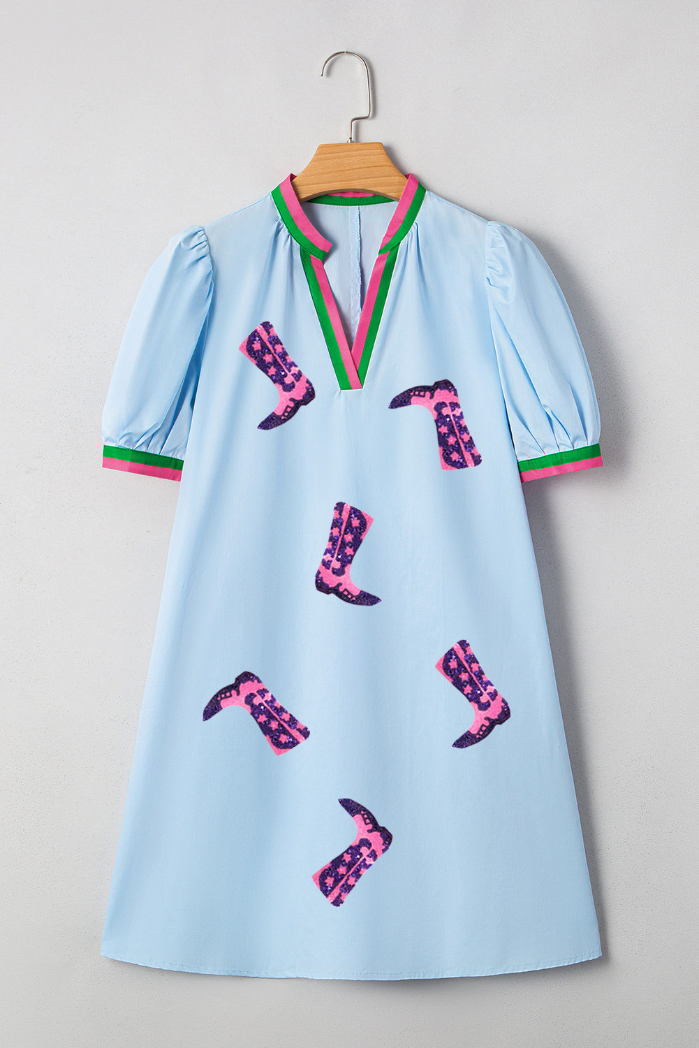 Myosotis Sequined Cowgirl Boots Pattern Contrast V Neckline Half Puff Sleeve Dress