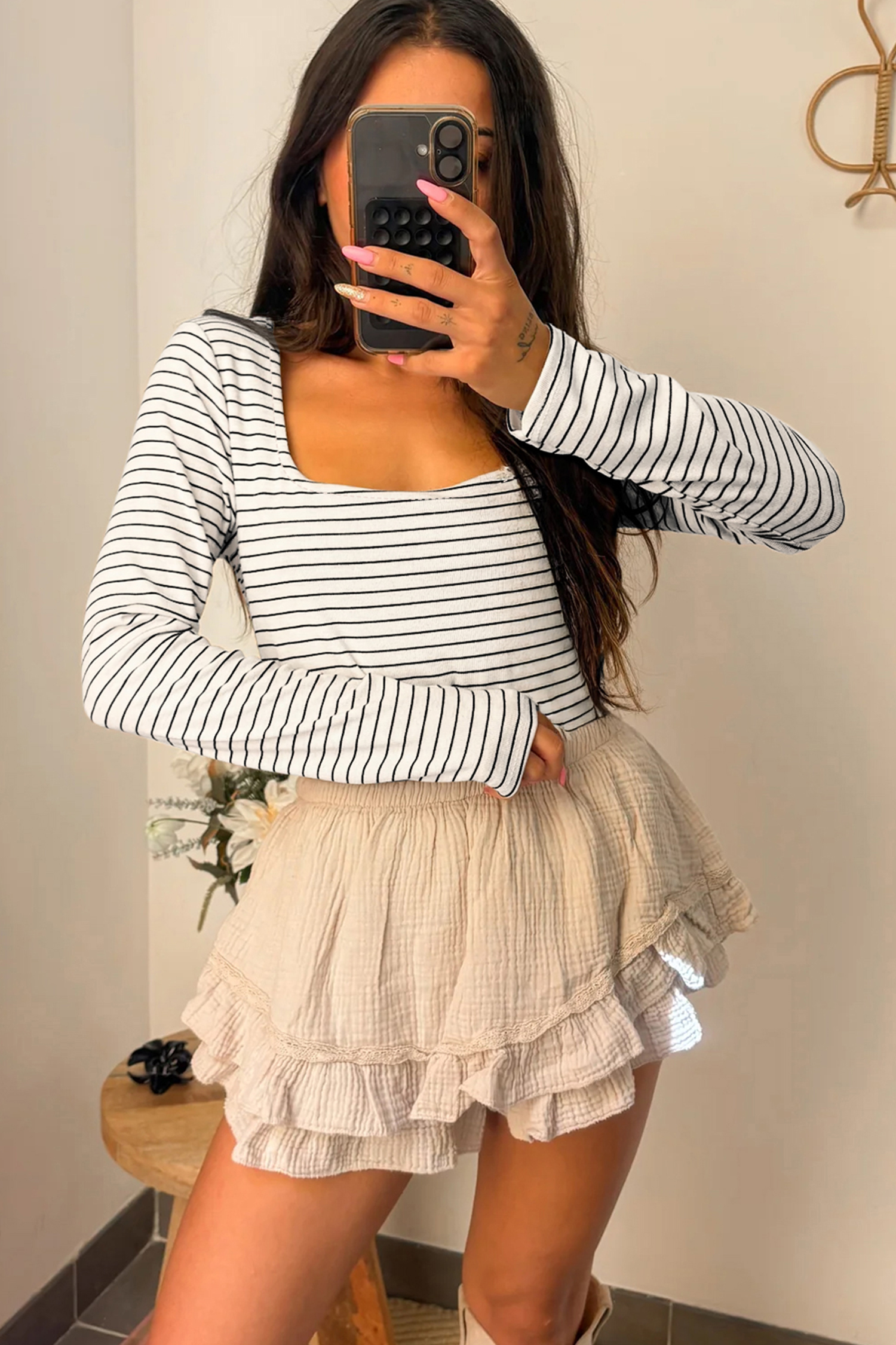 Brown Stripe Square Neck Long Sleeve Top