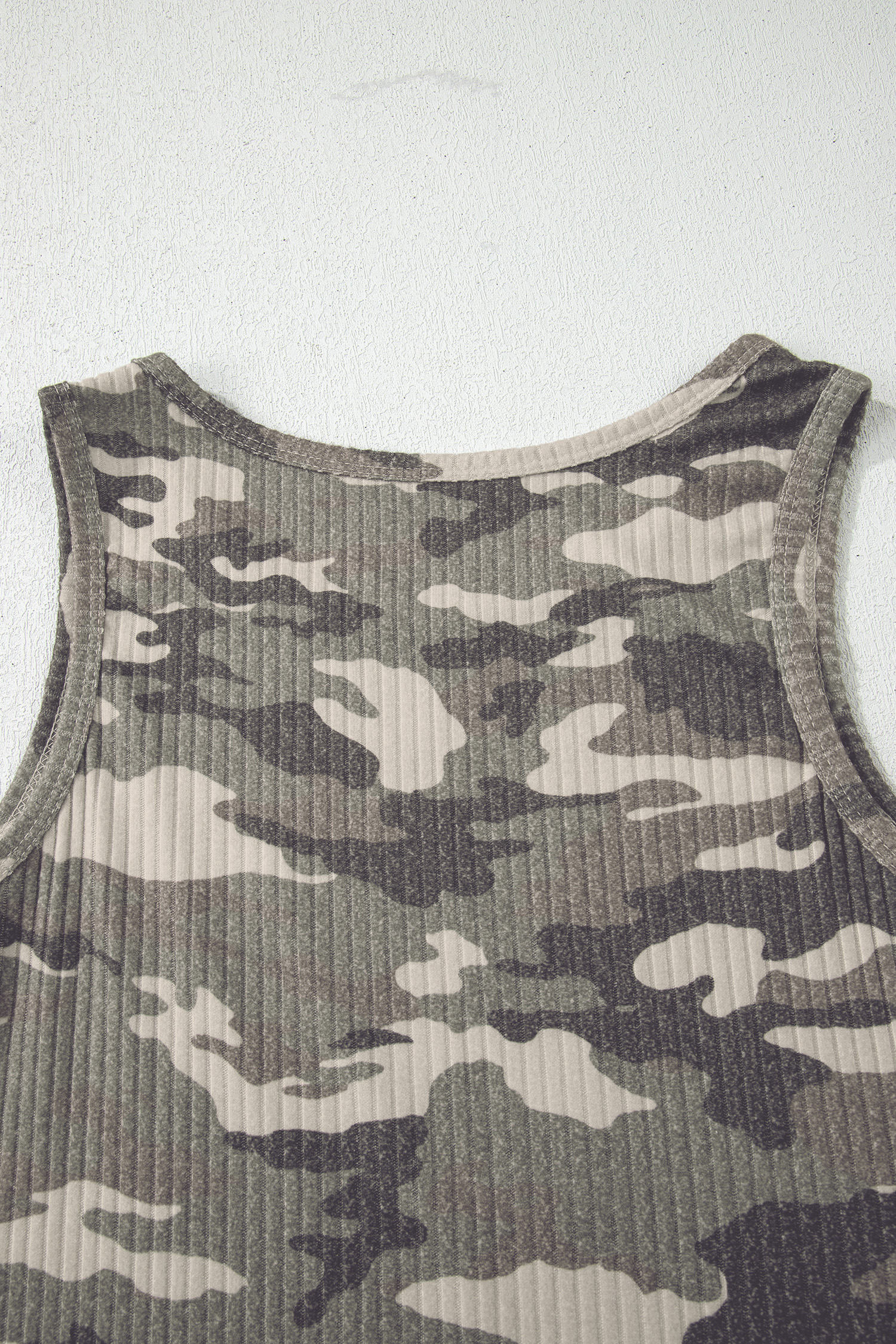 Gray Camouflage Print Ribbed Knit Round Neck Tank Top