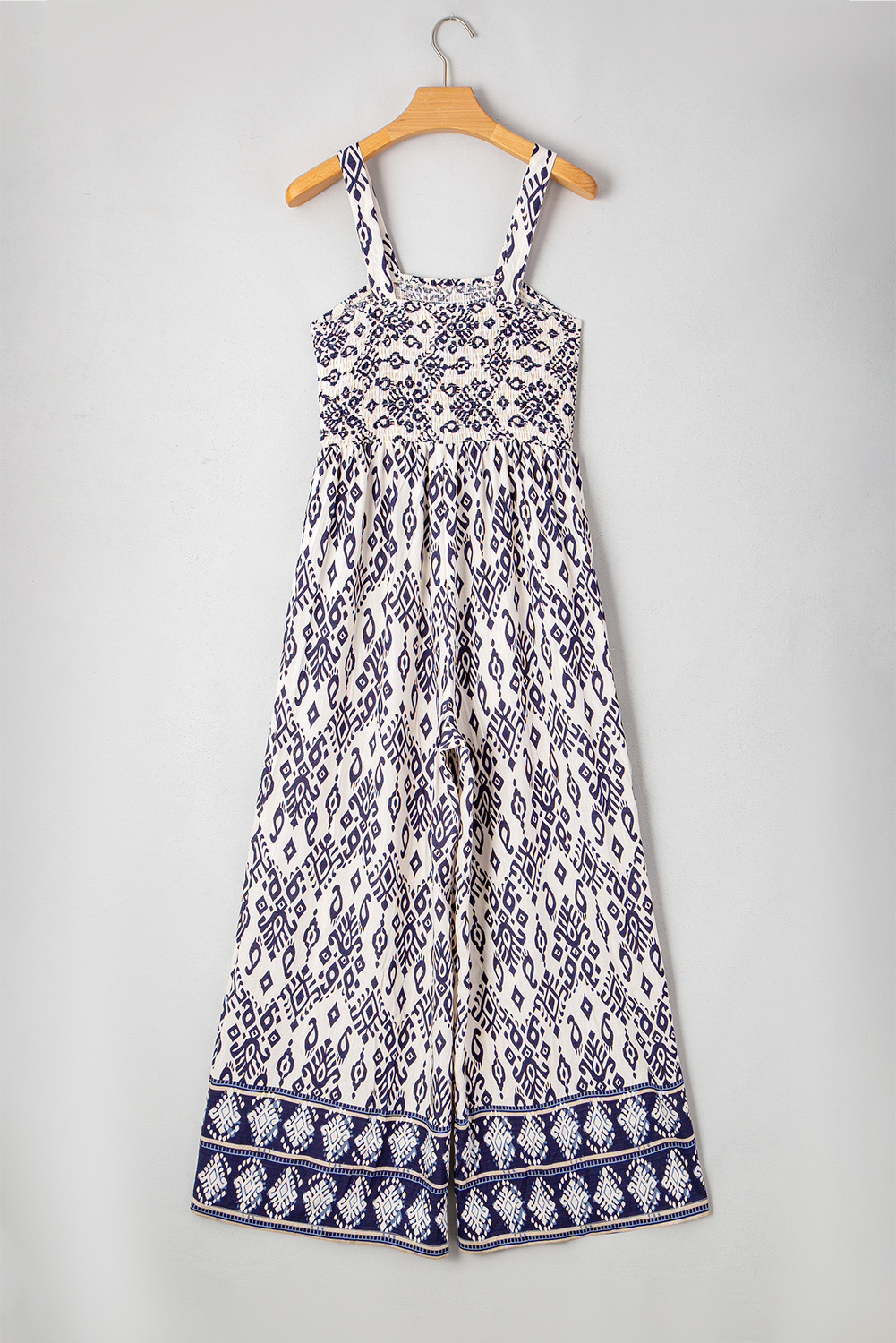 Blue Boho Geometric Print Shirred High Waist Wide Leg Jumpsuit