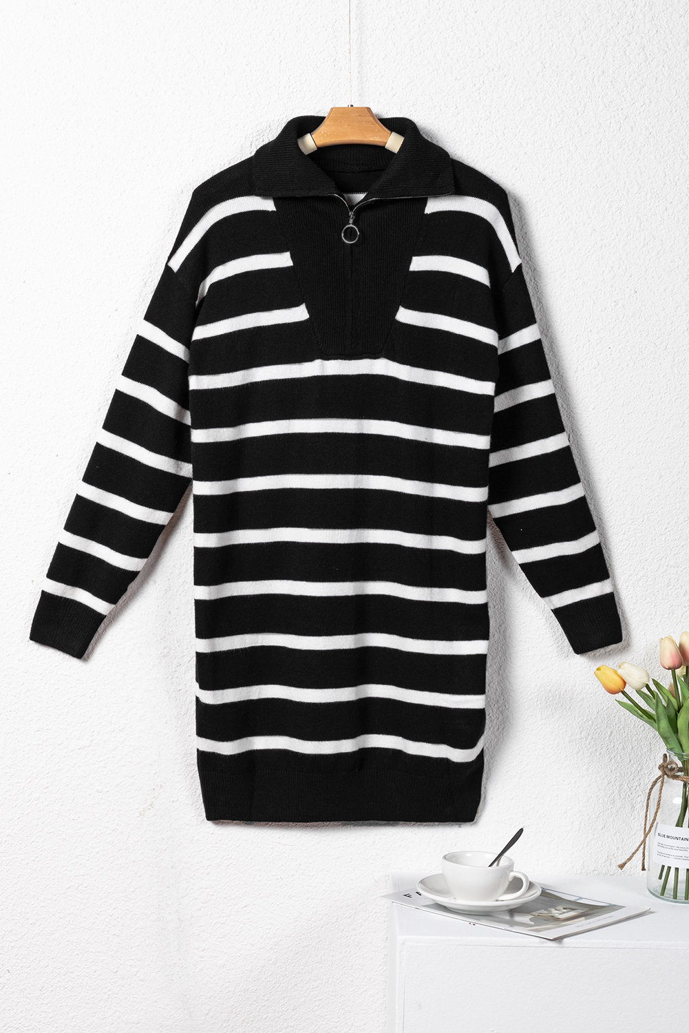 Black Striped O-ring Zip Collared Loose Sweater Mini Dress
