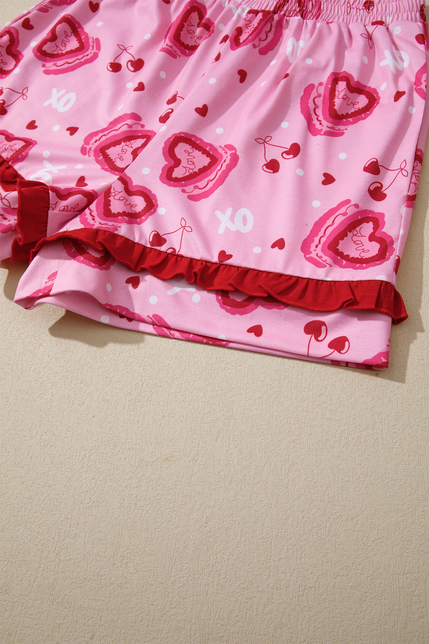 Pink Sweet Heart Cake Print Contrast Ruffle Trim Valentines 2pcs Pajama Set