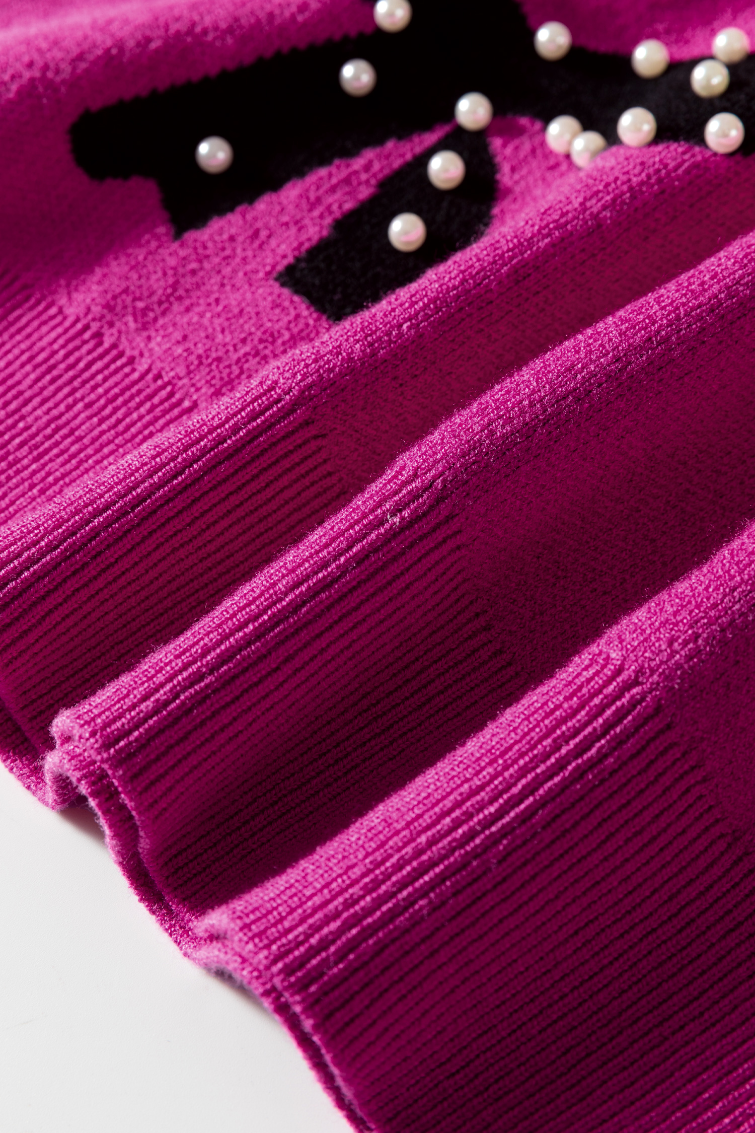 Bright Pink Pearl Embellished Bow Pattern Loose Sweater