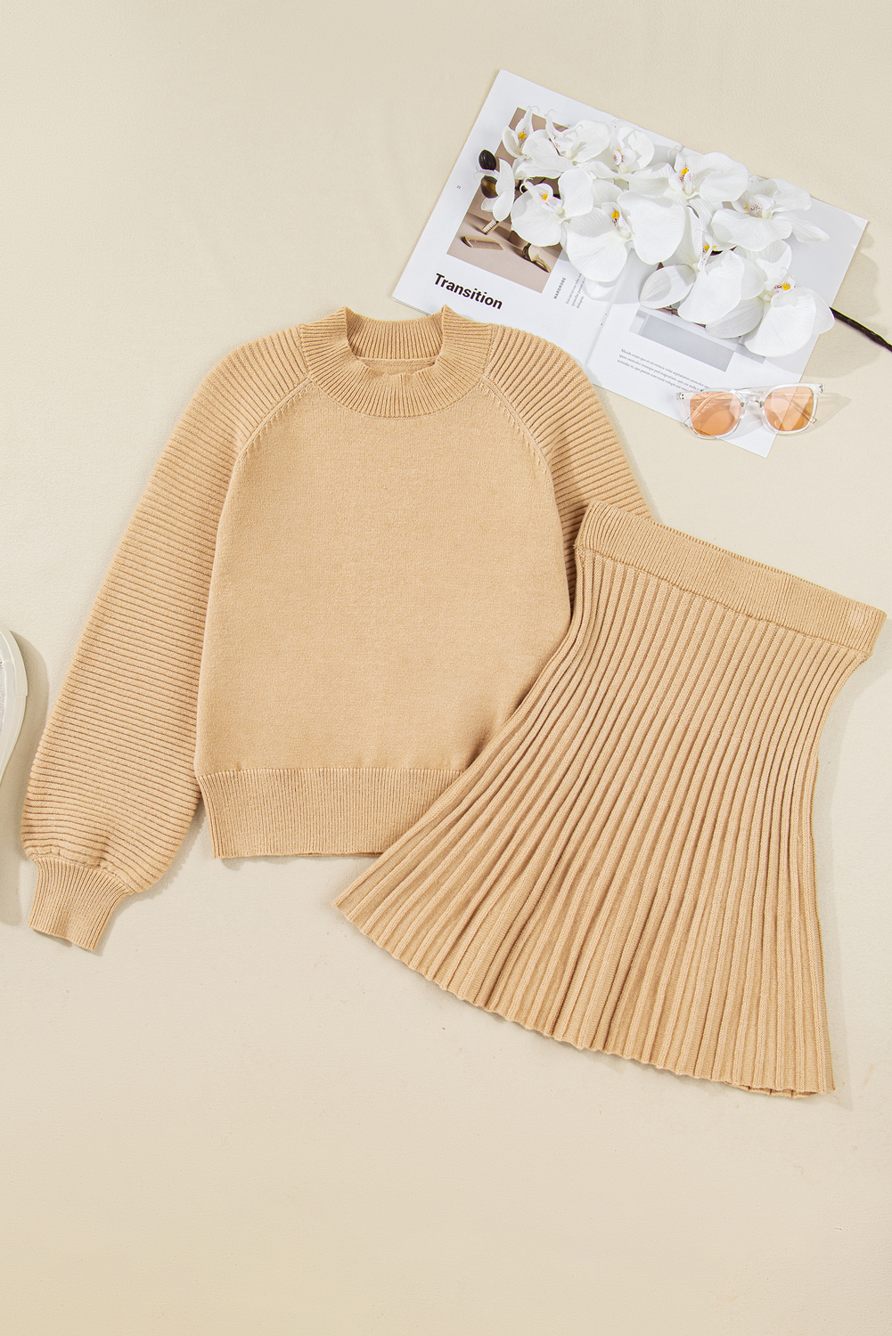 Smoke Gray High Neck Puff Sleeve Sweater Pleated Mini Skirt 2pcs Knitted Outfit