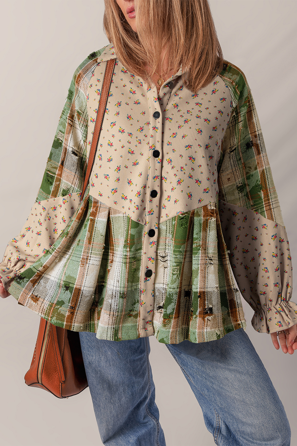 Mist Green Boho Floral Plaid Patchwork Distressed Detail Ruffled Sleeve Waffle Knit Shacket