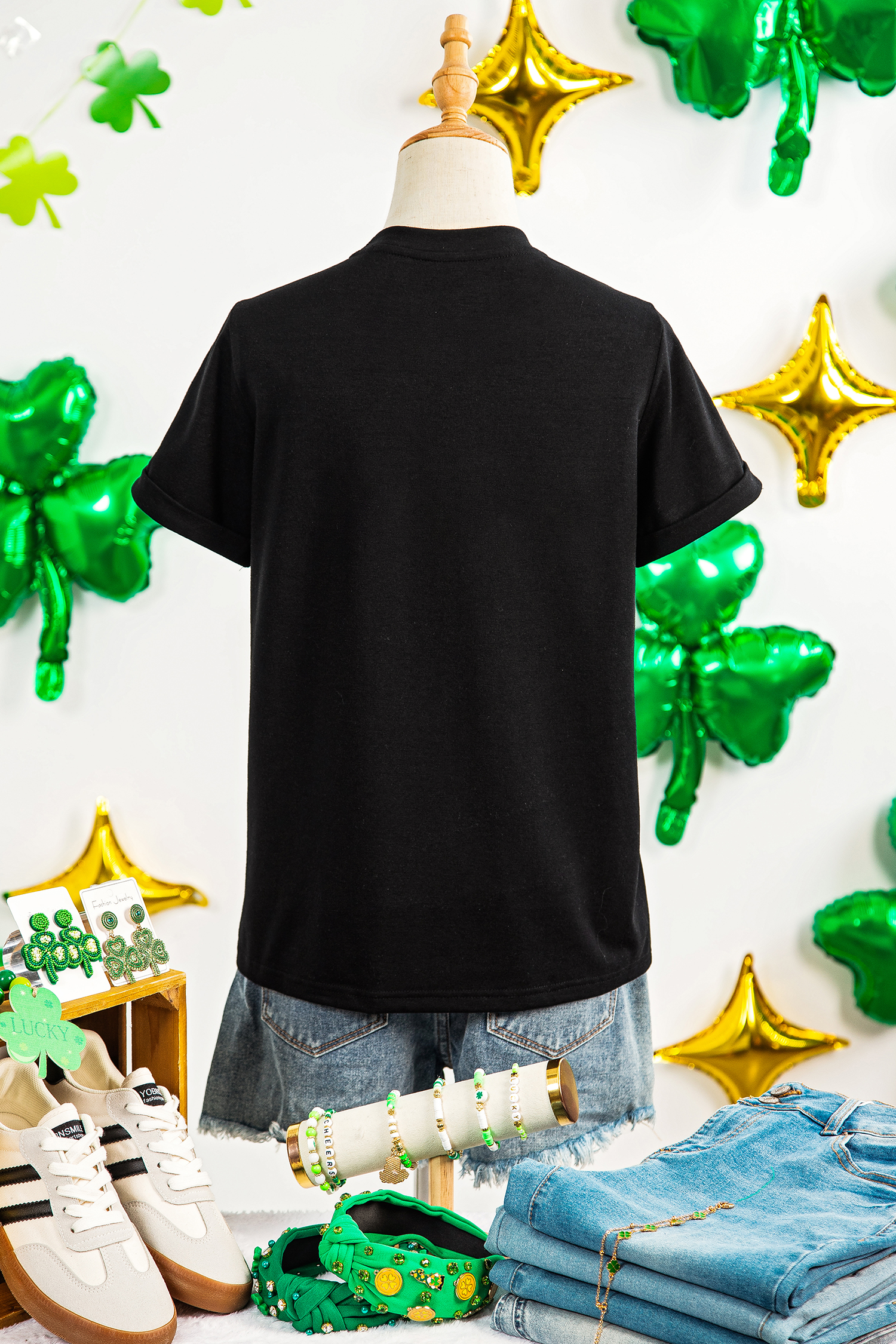 Black LUCKY Rhinestone Graphic Rolled Sleeve Tee