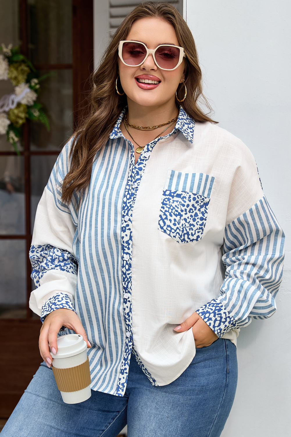 Sky Blue Leopard Striped Western Casual Shirt